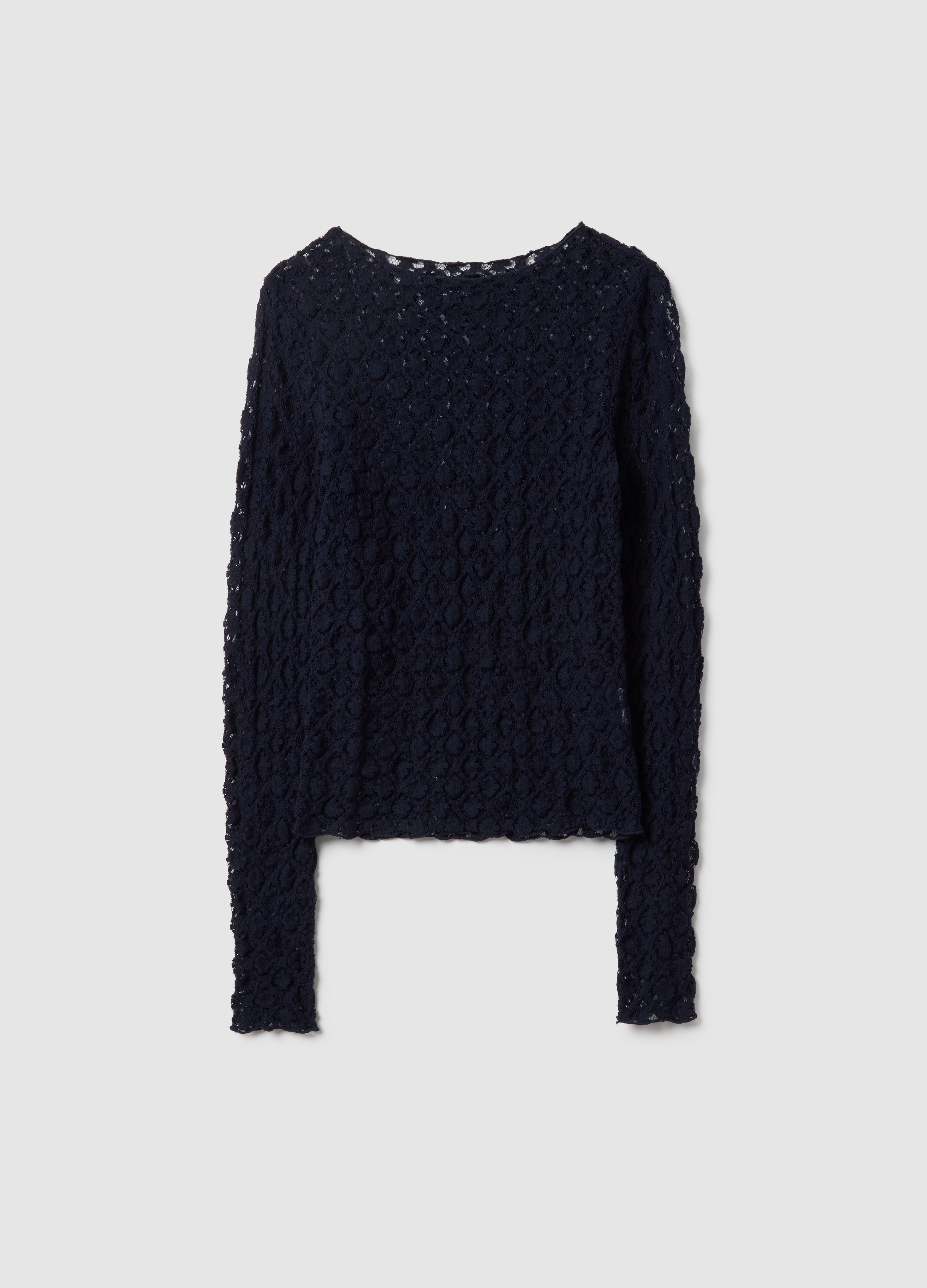 LES COPAINS, Top Azul Regular Fit En Mezcla De Algodón Elástico Con Encaje, Mujer, Azul marino, Talla: 34