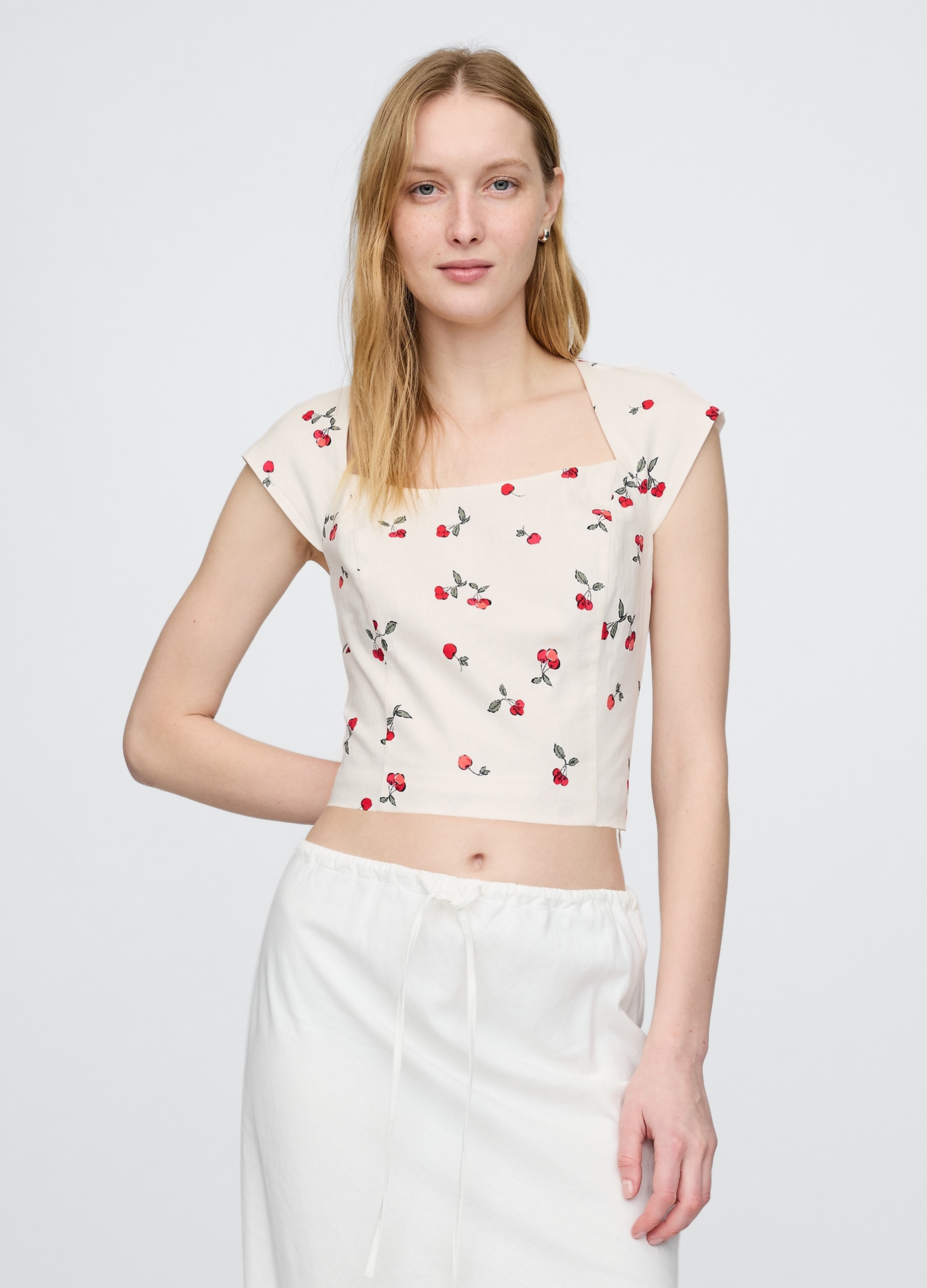 GAP , Blusa Corta Con Stampa Ciliegie, Donna, Bianco, Taglia: XS