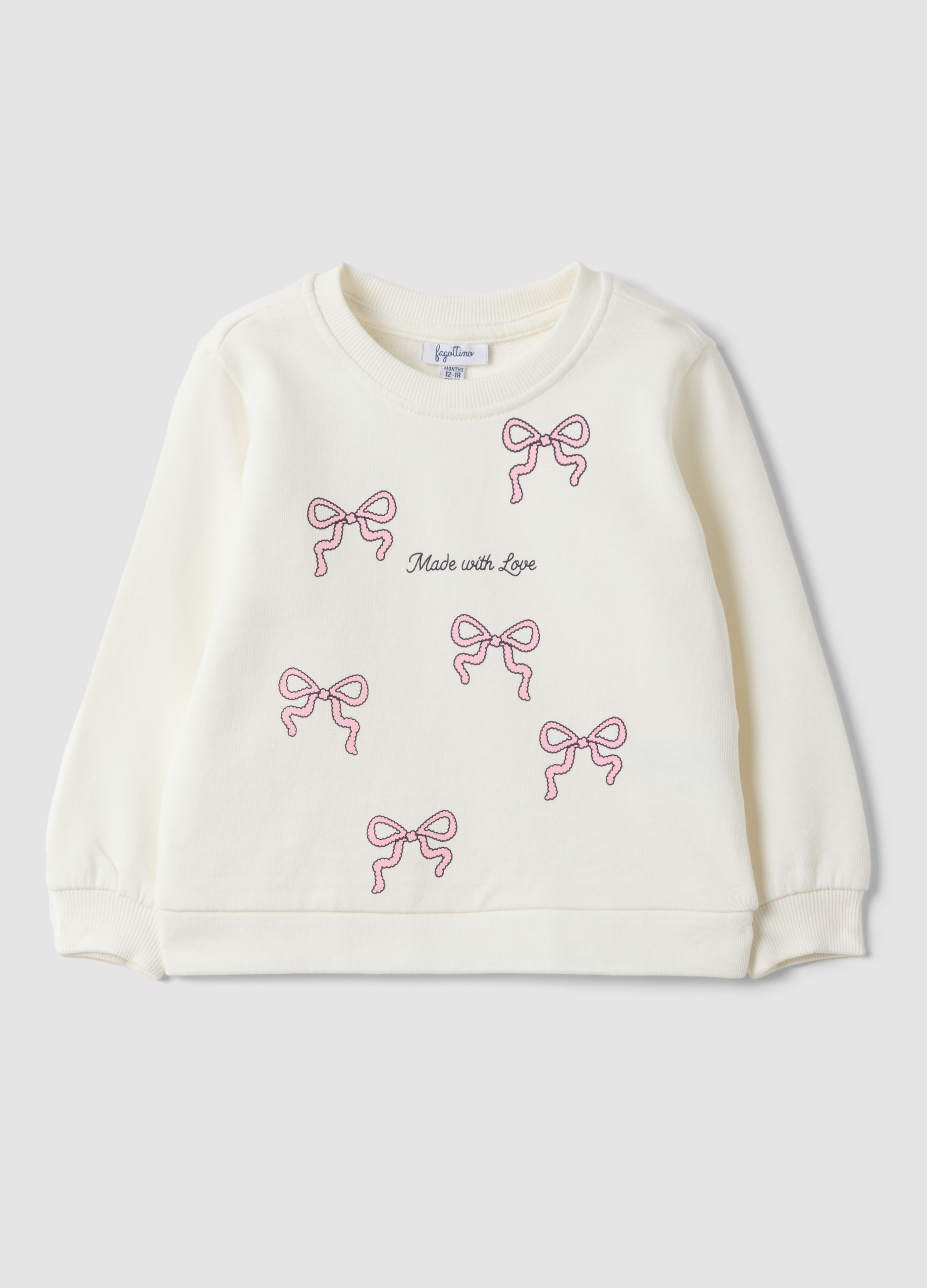 FAGOTTINO, Felpa Bianca In Puro Cotone Con Fantasia Fiocchi Per Bimba, Bambina, Bianco, Taglia: 12-18