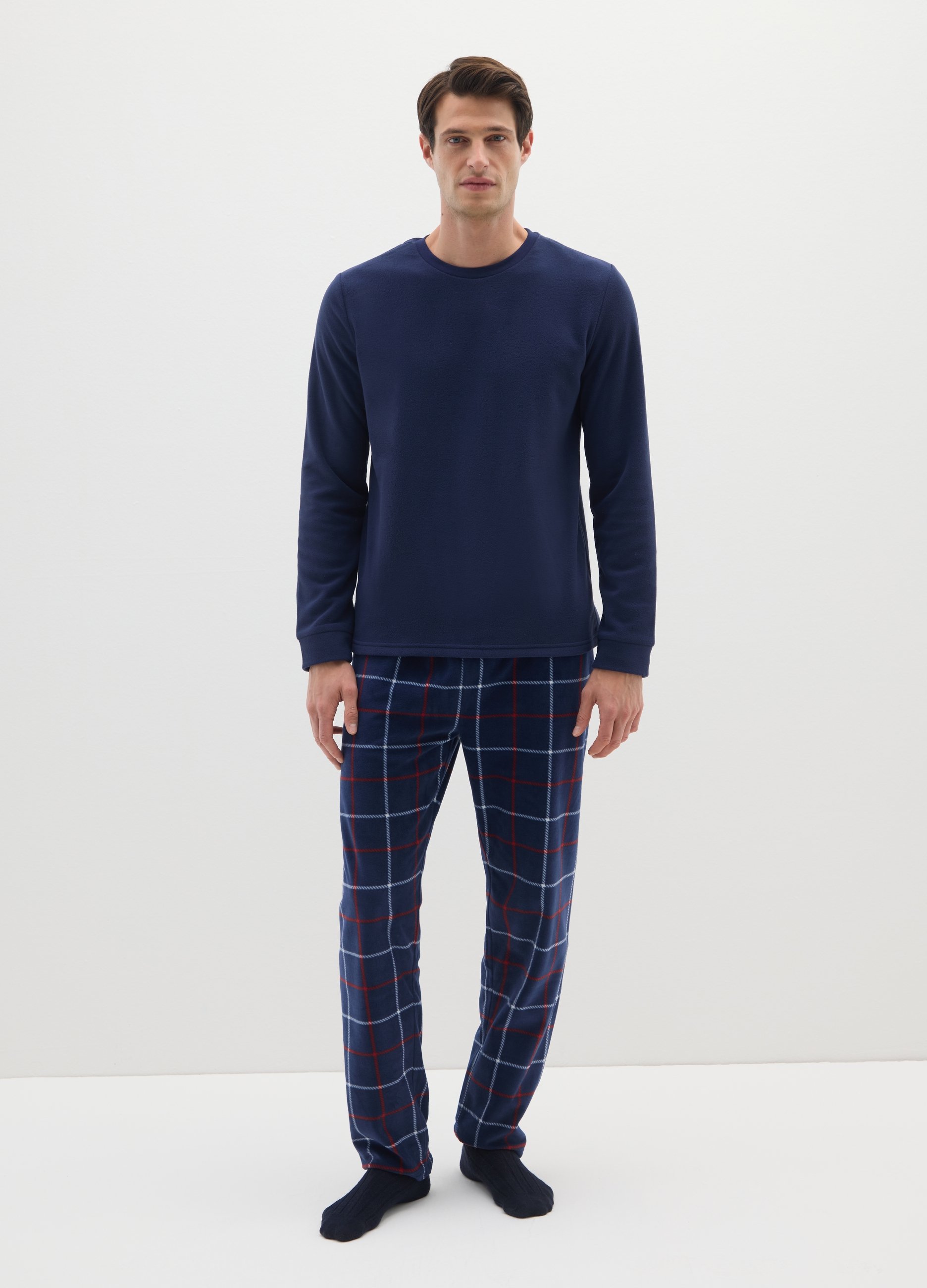 Pijama Azul A Cuadros De Ajuste Regular En Forro Polar, Hombre, Blanco/azul, Talla: XXL