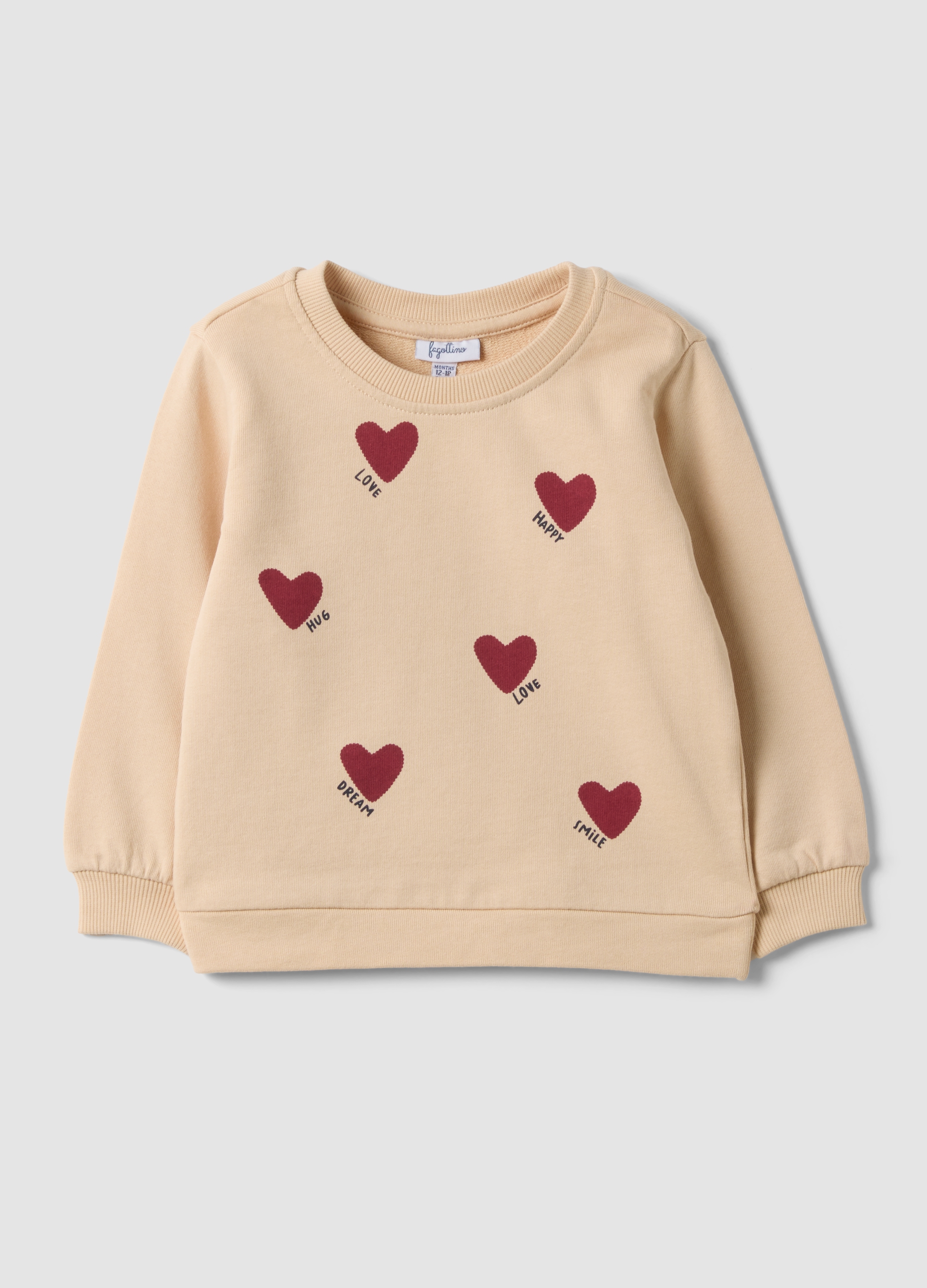FAGOTTINO, Felpa Beige In Puro Cotone A Girocollo E Con Stampa Cuori Per Bimba, Bambina, Beige, Taglia: 12-18