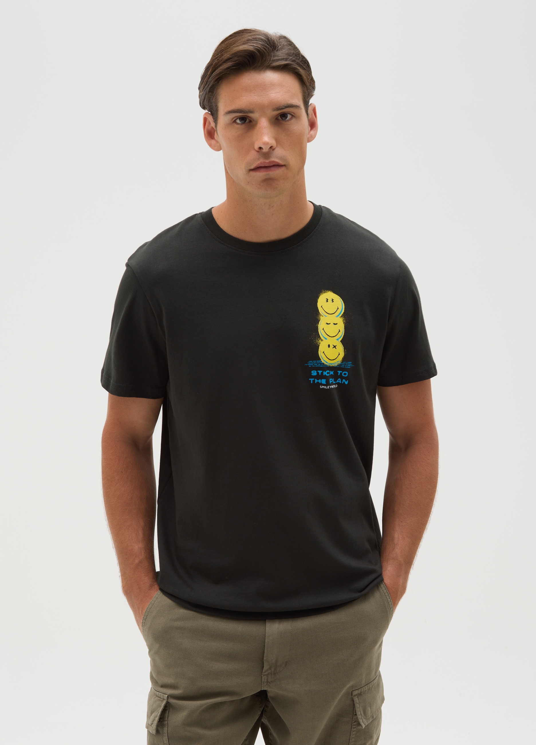 OVS , T-shirt Smileyworld® In Puro Cotone Nero Regular Fit Con Stampa, Uomo, Nero, Taglia: S