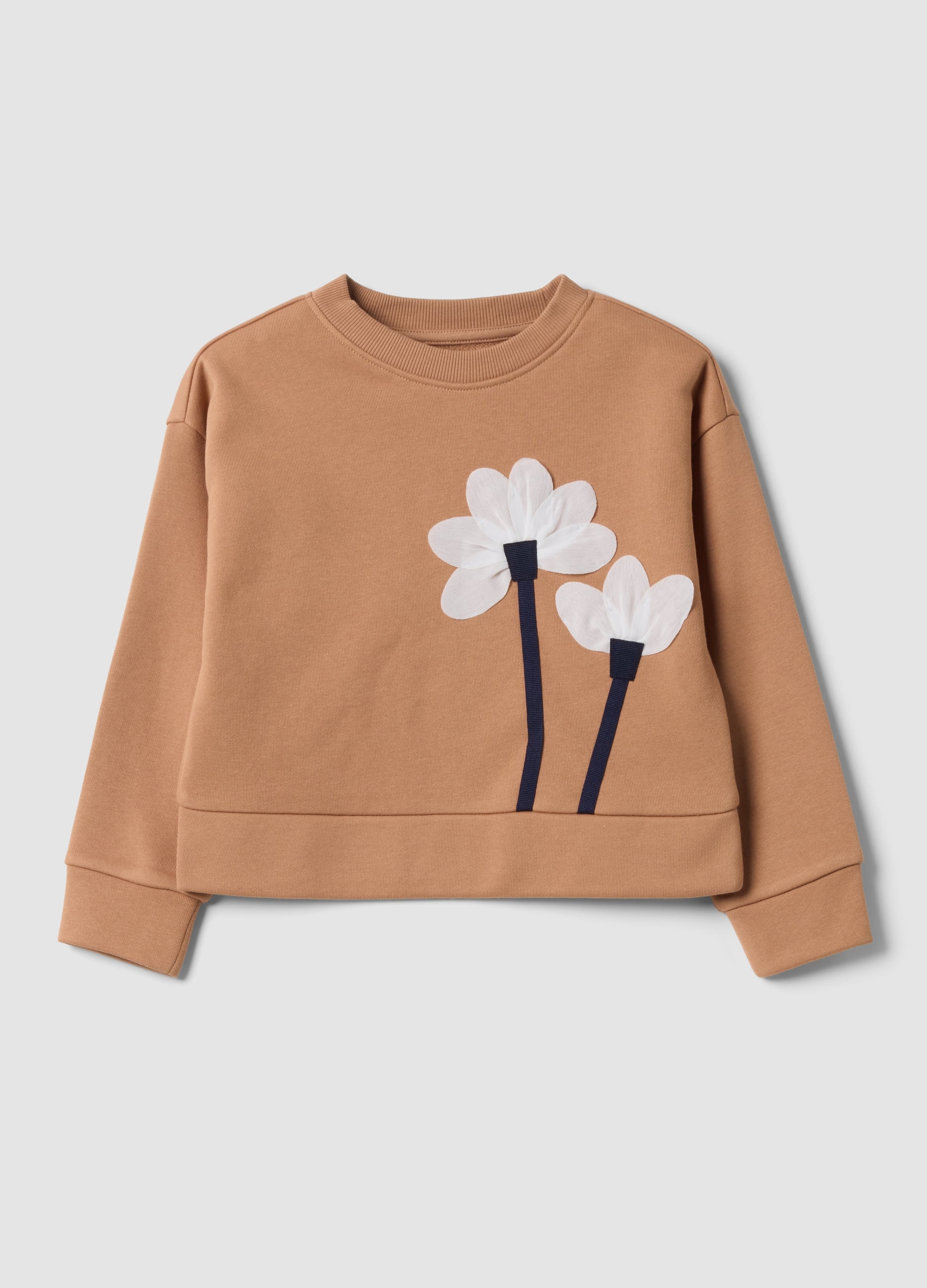 OVS KIDS, Felpa Marrone In Misto Cotone Con Girocollo E Stampa Floreale, Bambina, Marrone, Taglia: 7-8