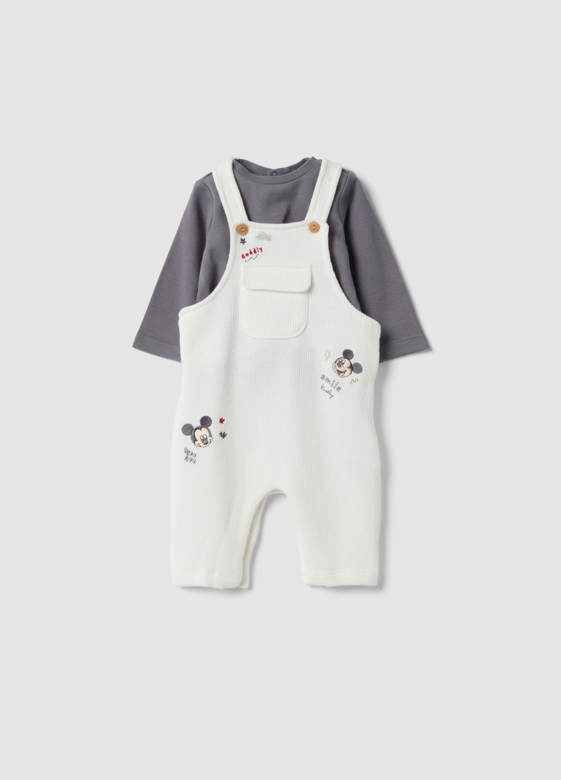 FAGOTTINO, Completo Bianco In Puro Cotone Con Salopette E Maglia A Tema Mickey Mouse, Neonato, Bianco, Taglia: 1-3