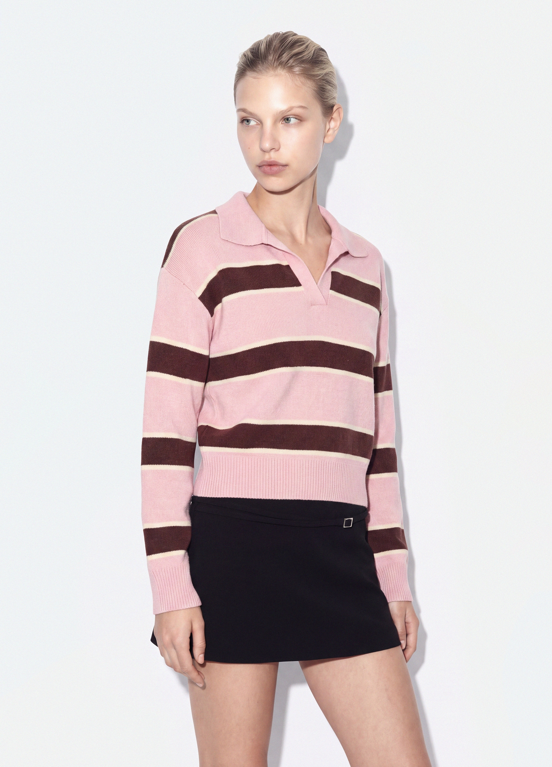B.ANGEL, Maglia Rosa A Righe In Misto Viscosa Con Colletto Polo Regular Fit, Donna, Rosa, Taglia: M