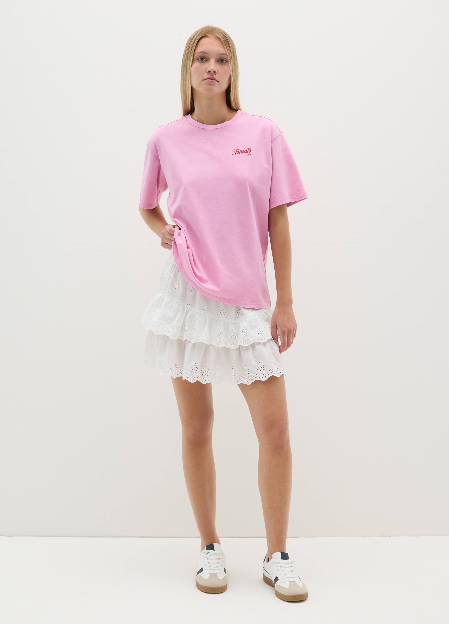 OVS, Gonna Da Donna In Puro Cotone Bianca Regular Fit Con Volant Ricamato, Bianco, Taglia: XS