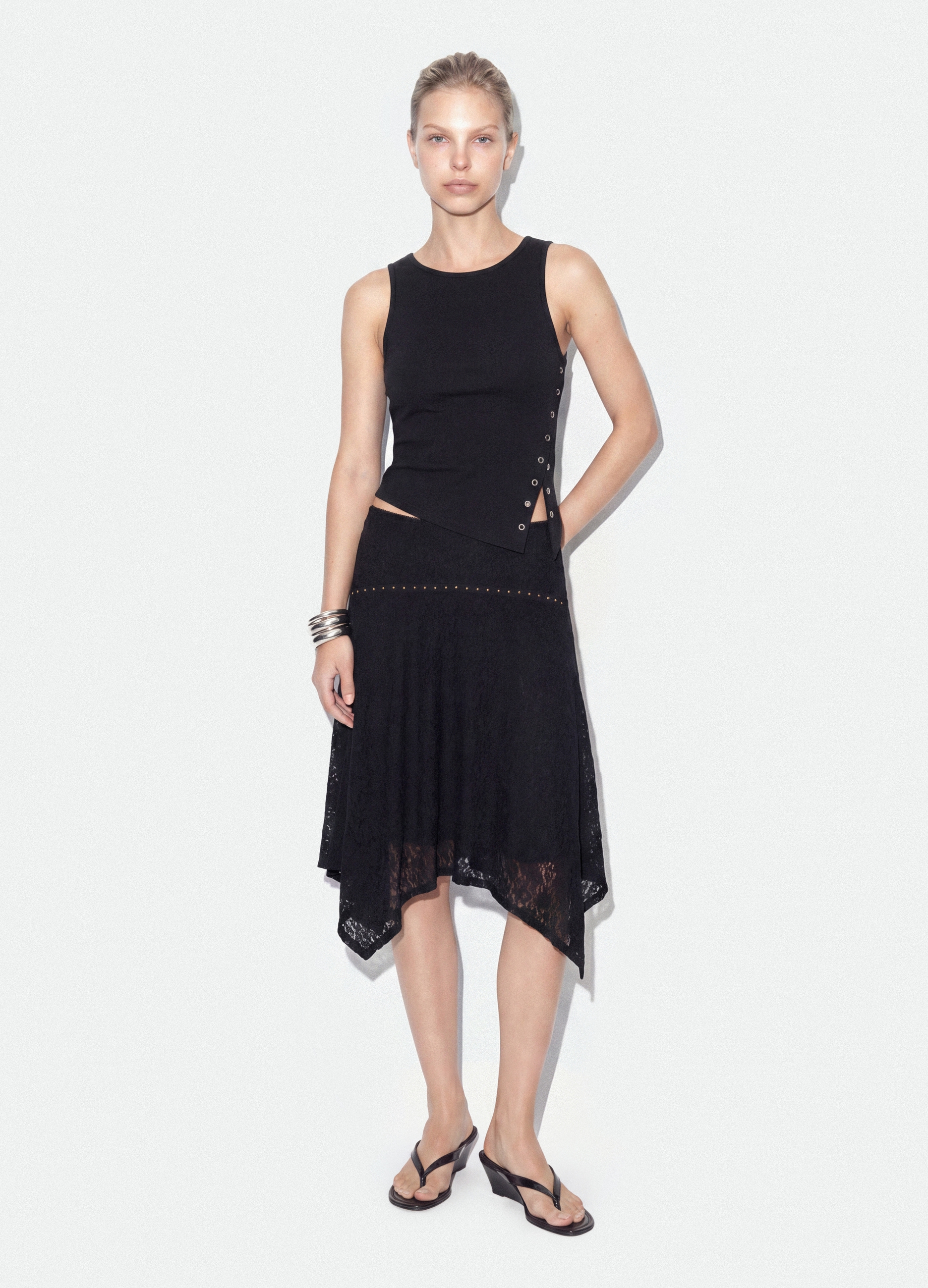 B.ANGEL, Gonna Nera In Tessuto Elasticizzato Con Orlo Asimmetrico In Pizzo, Donna, Nero, Taglia: M