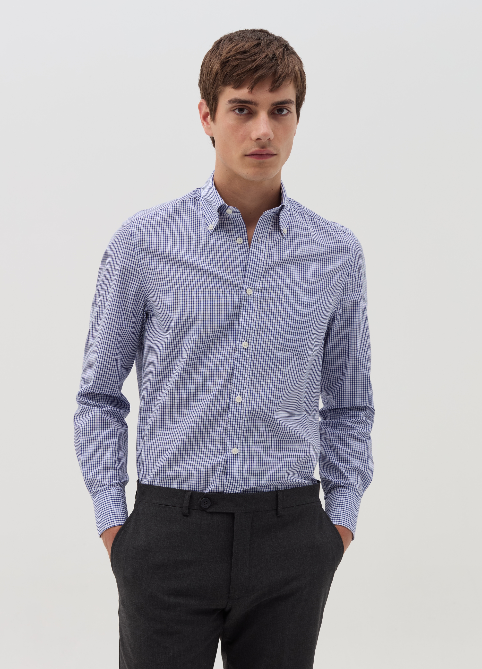 Camisa Slim Fit Con Cuadros Pequeños, Hombre, Blanco/azul, Talla: 43