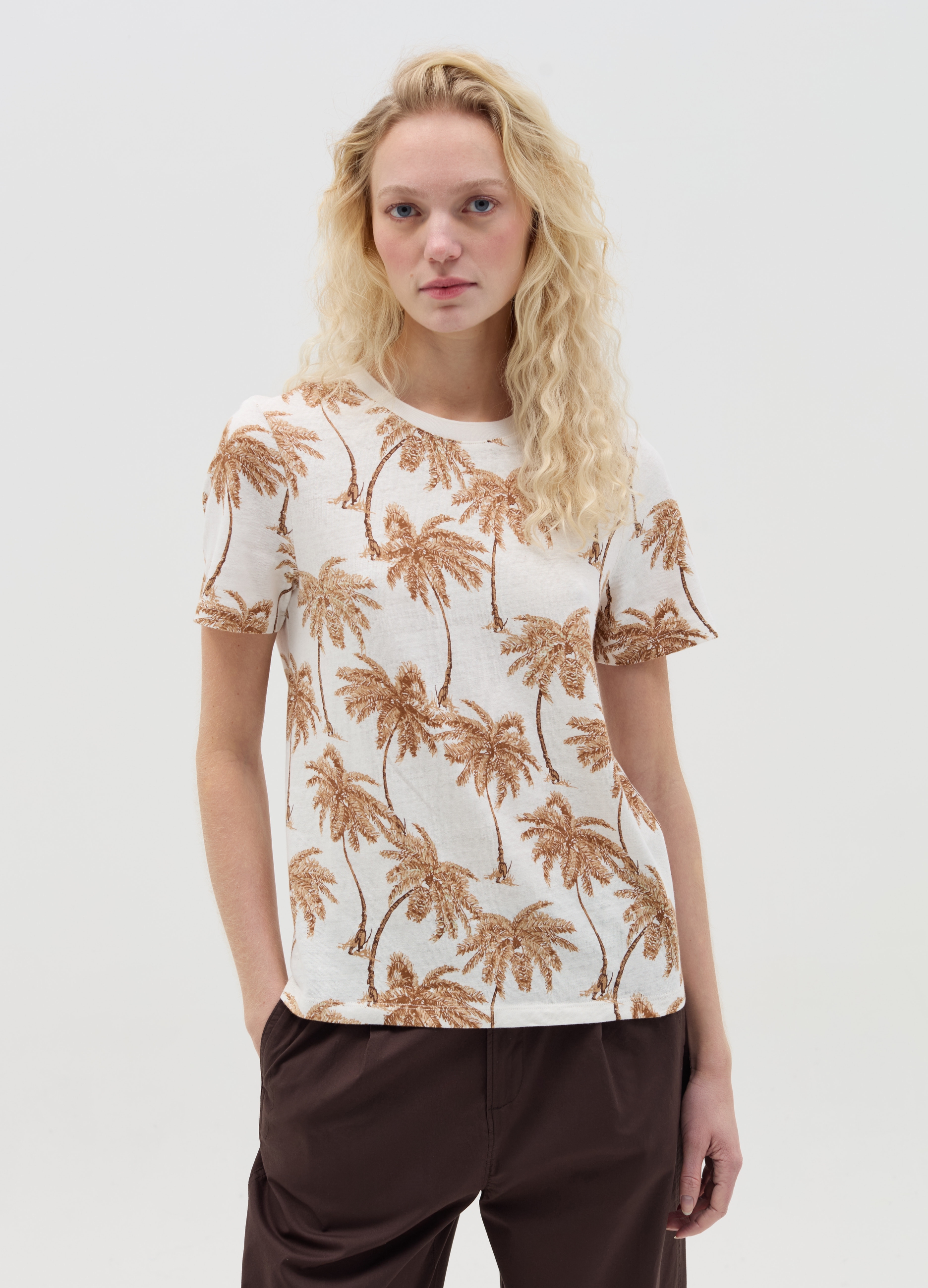 OVS , T-shirt Beige Con Stampa Palme, Donna, Multicolor, Taglia: L