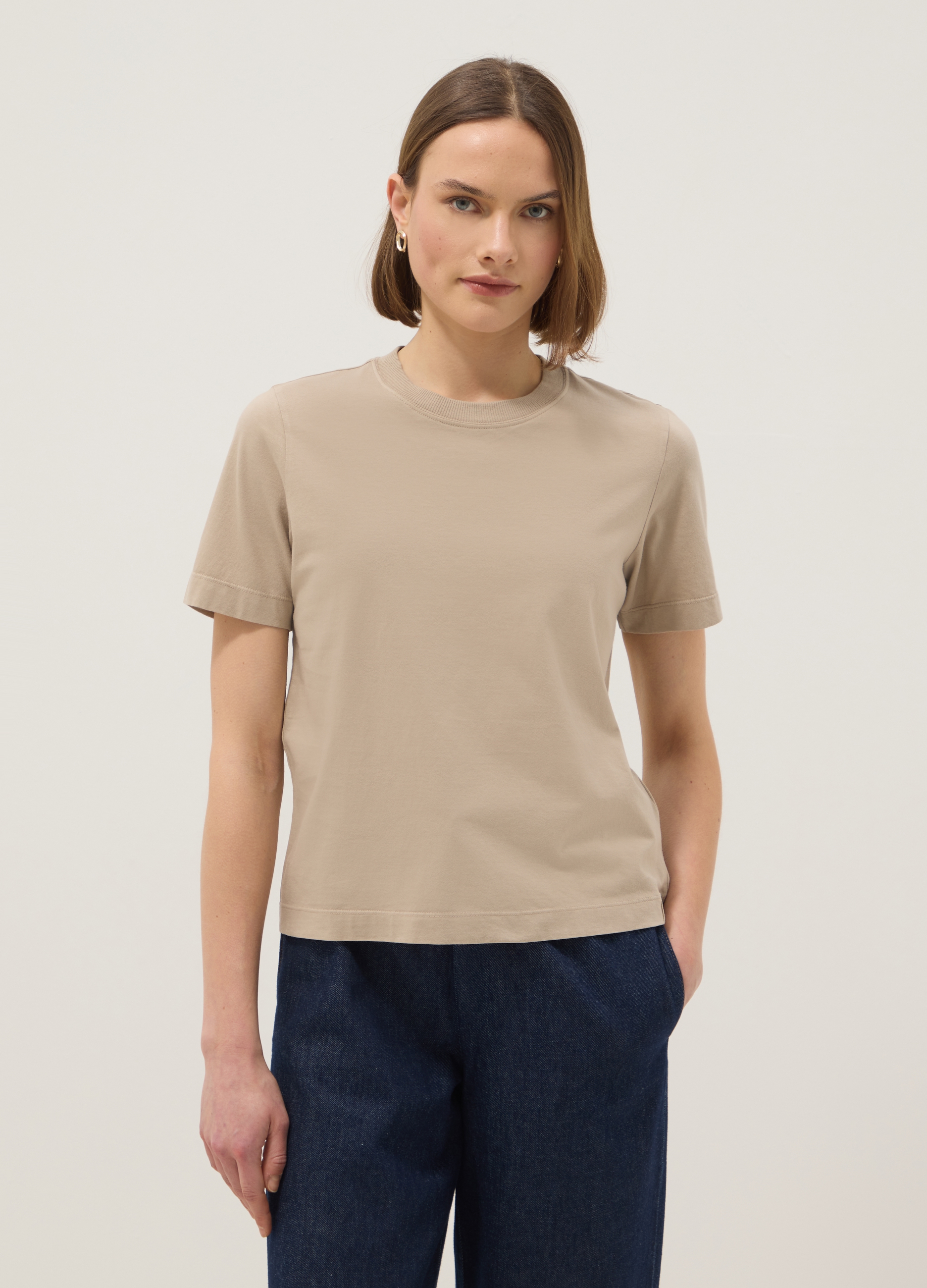 Camiseta Beige De Manga Corta En Algodón Puro Italiano, Mujer, Beige, Talla: 42