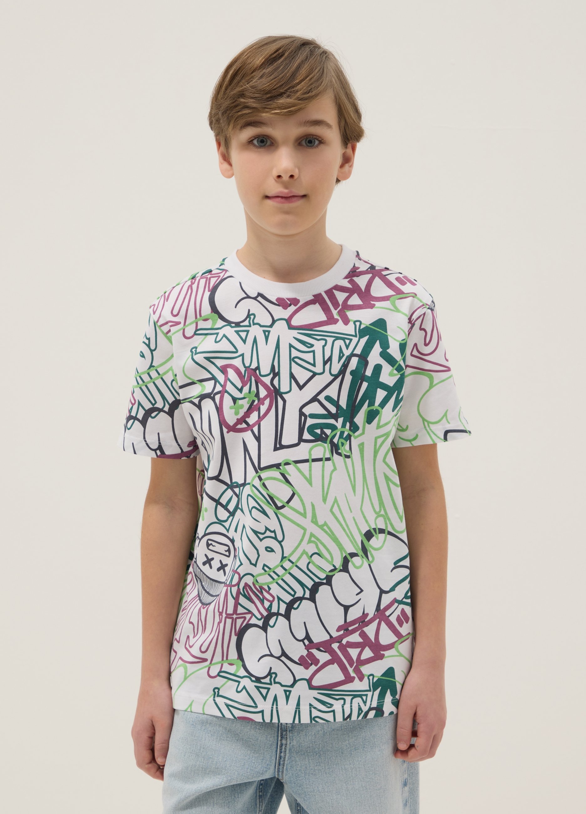 OVS KIDS, Camiseta Multicolor Para Chico De Algodón Puro Con Graffiti, Corte Regular, Niño, Blanco, Talla: 12-13
