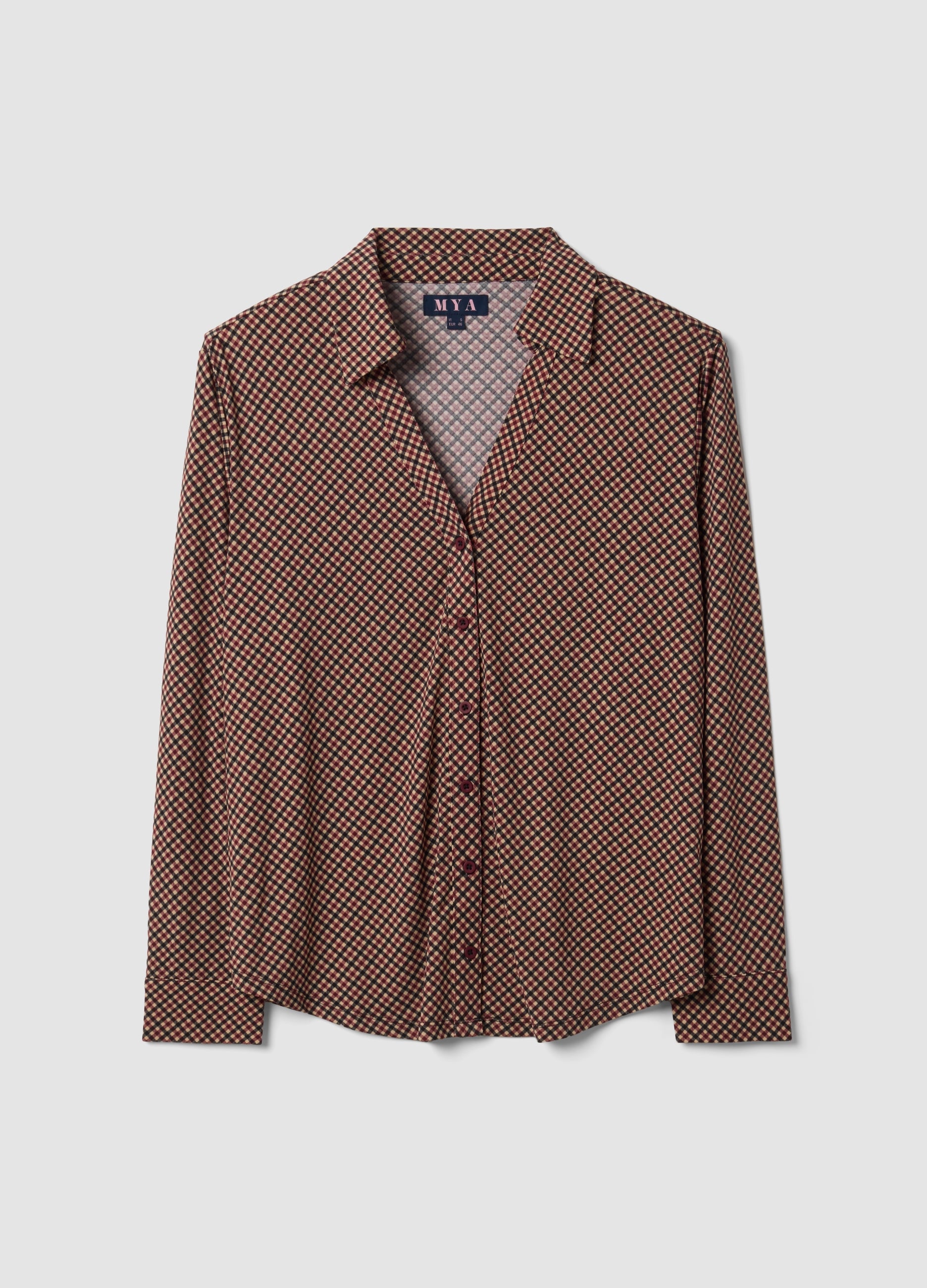 MYA, T-shirt Marrone In Tessuto Elasticizzato Con Colletto A Quadri Regular Fit, Donna, Marrone, Taglia: L