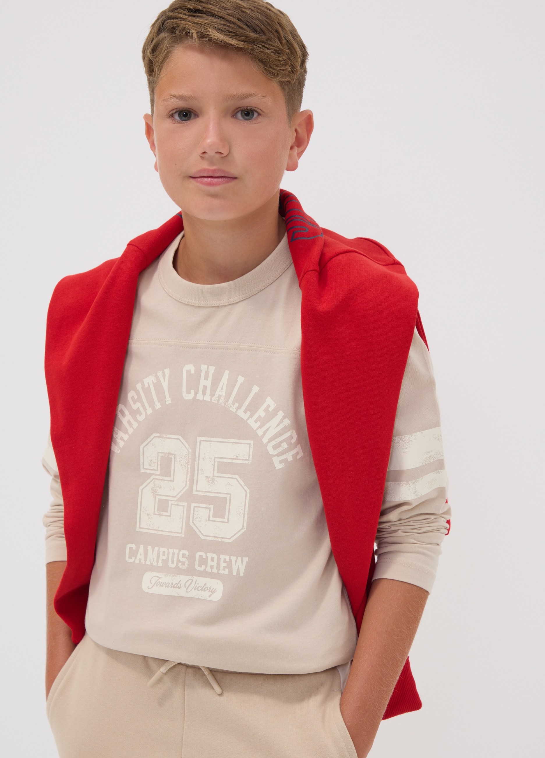 OVS KIDS, T-shirt Beige In Puro Cotone Organico Con Stampa College Per Ragazzo, Bambino, Beige, Taglia: 12-13