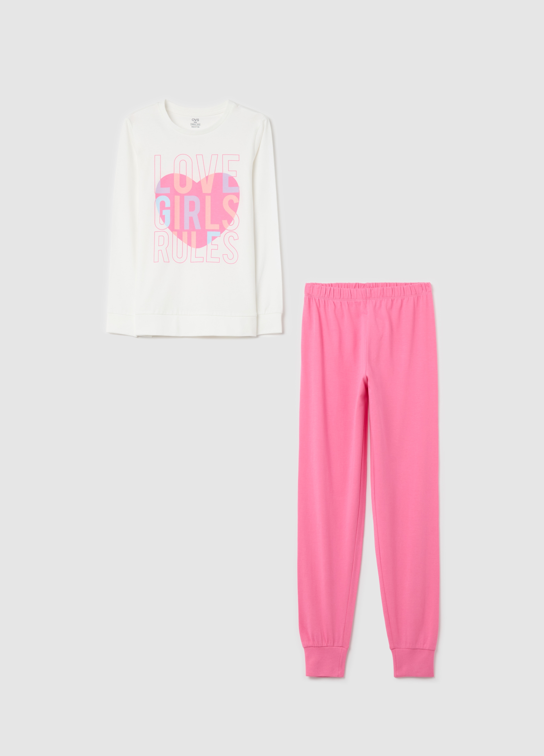 OVS, Pigiama In Cotone Bio Con Stampa love Girls Rules, Bambina, Multicolor, Taglia: 10-11