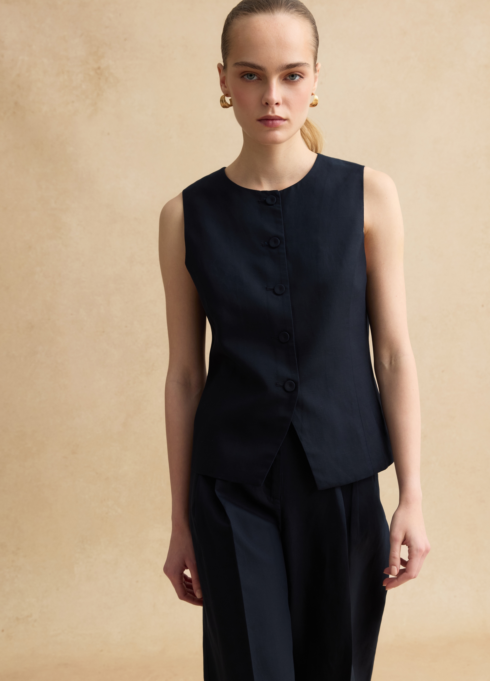 LES COPAINS, Chaleco Azul De Lyocell Y Lino Con Ajuste Regular Y Botones, Mujer, Azul marino, Talla: 42