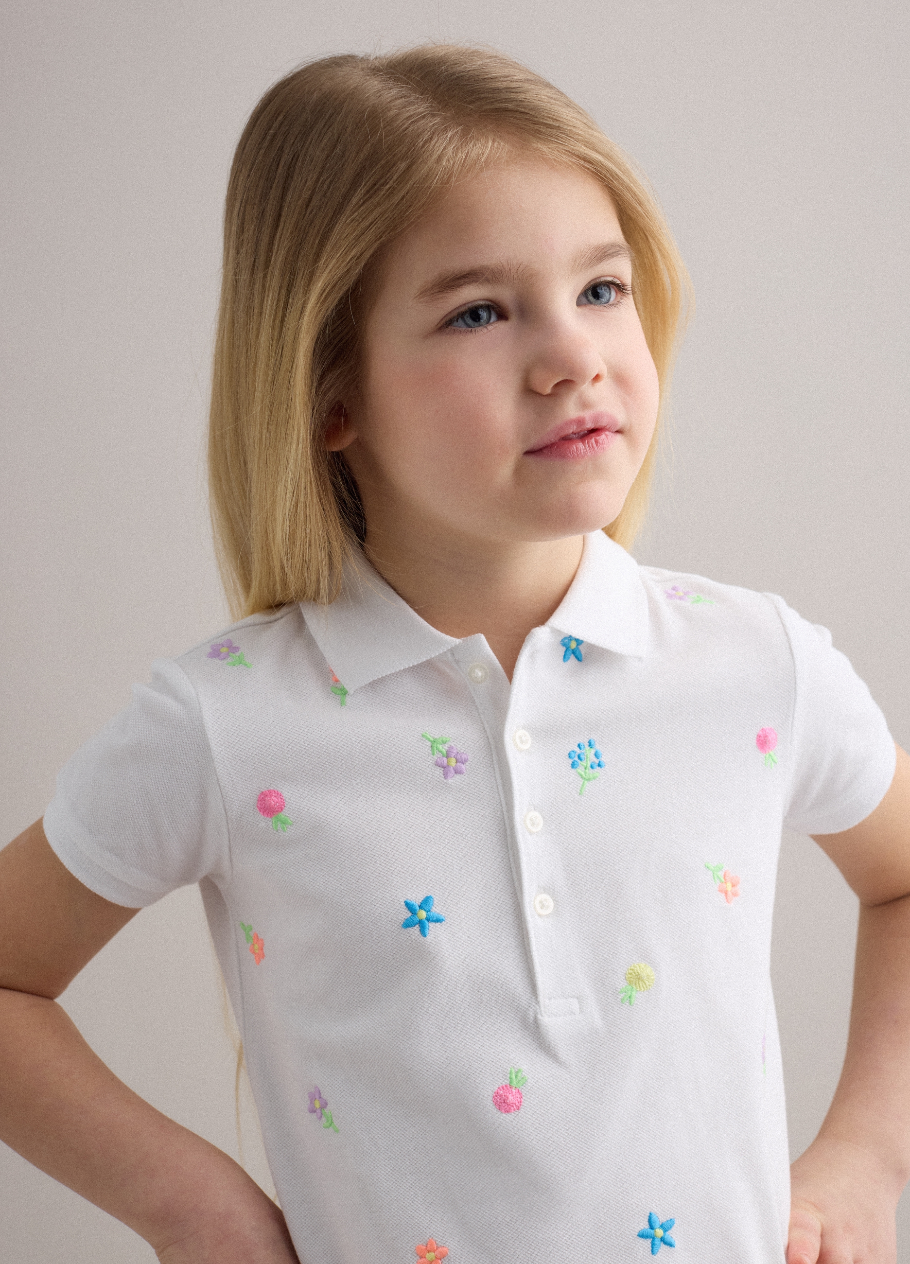 PIOMBO KIDS, Polo Blanco De Niña En Algodón Puro Con Ajuste Regular Y Flores Bordadas, Niña, Blanco óptico, Talla: 8