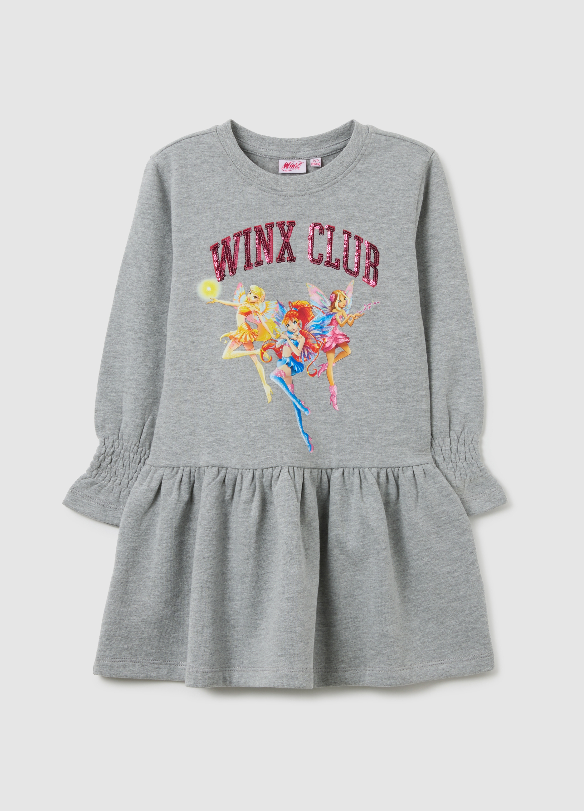 OVS KIDS, Abito Da Bambina In Misto Cotone Grigio Con Stampa Winx, Grigio, Taglia: 7-8