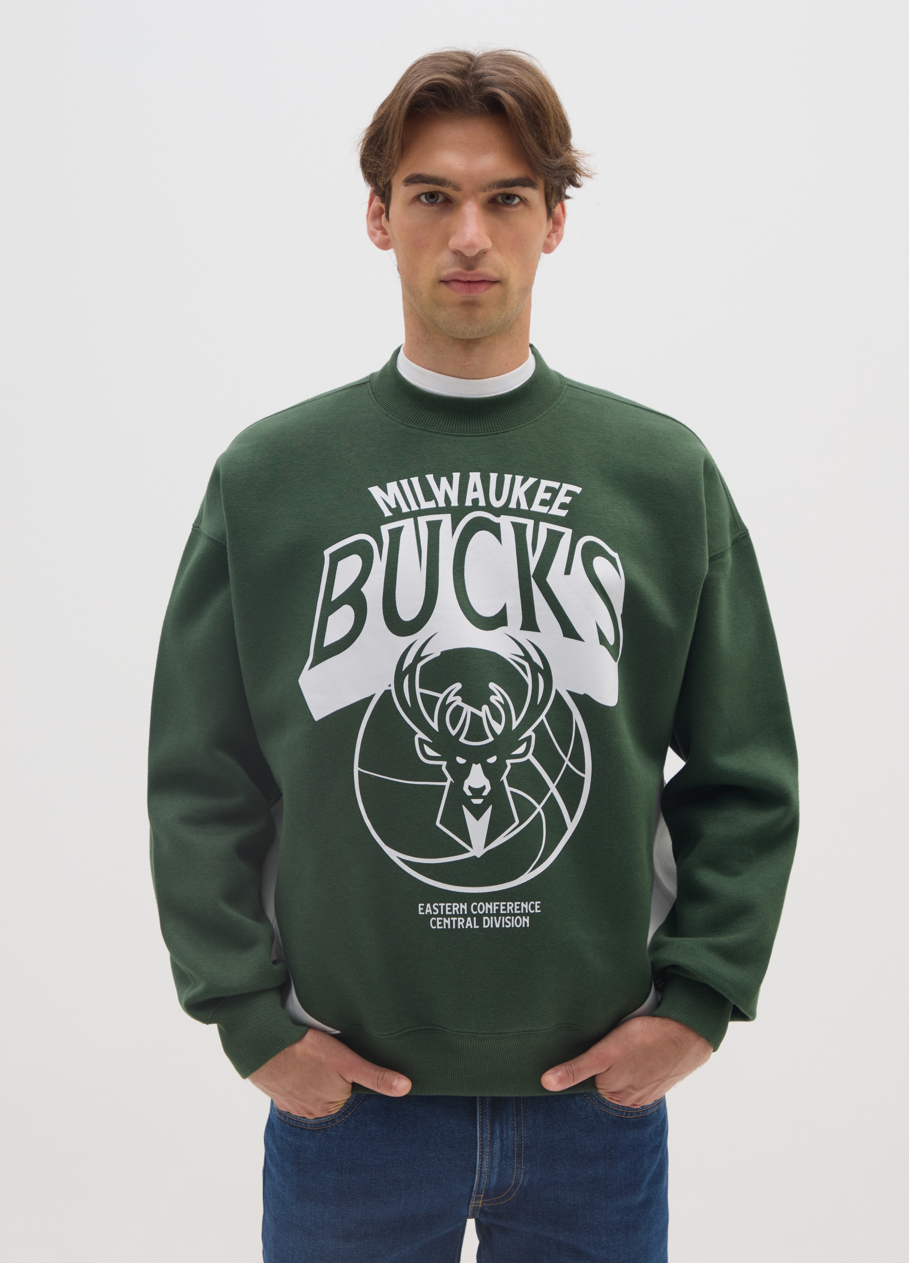 NBA, Felpa In Misto Cotone Verde Regular Fit Con Stampa Milwaukee Bucks, Uomo, Multicolor, Taglia: XL