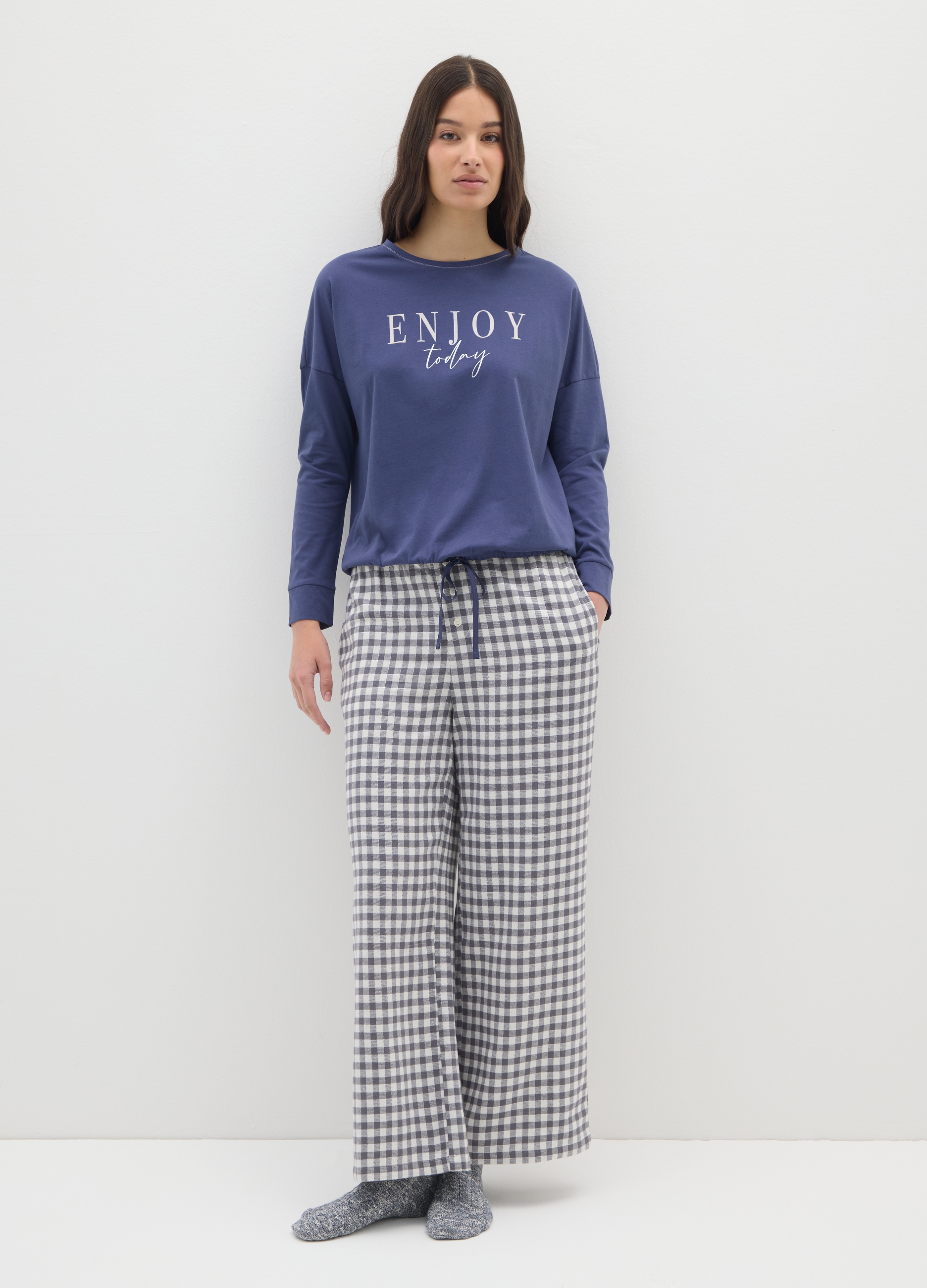 Pantalones Pijama De Cuadros Multicolores En Algodón Y Franela, Ajuste Regular, Mujer, Blanco/gris, Talla: XL