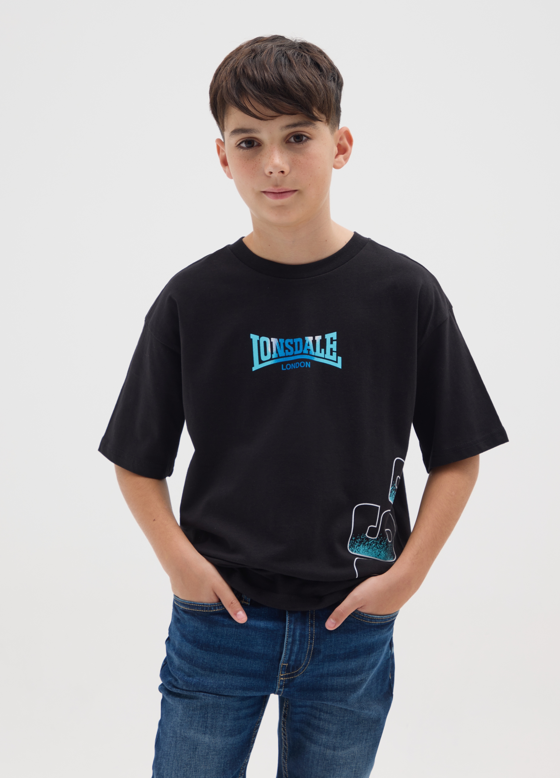 LONSDALE, T-shirt Da Bambino In Puro Cotone Nero Regular Fit, Nero, Taglia: 12-13