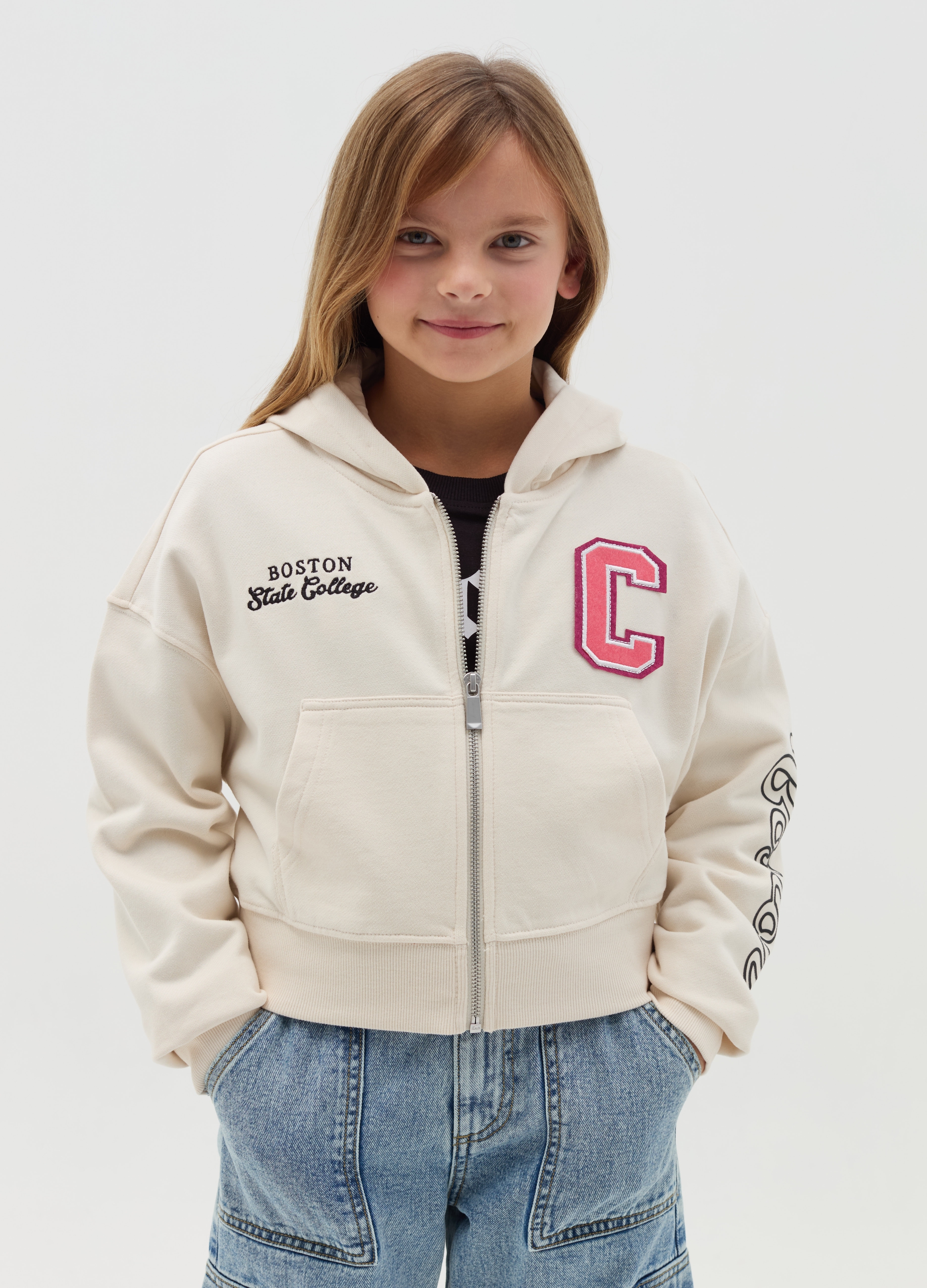 OVS KIDS, Full-zip Crop Ricamo "boston State College", Bambina, Bianco, Taglia: 10-11