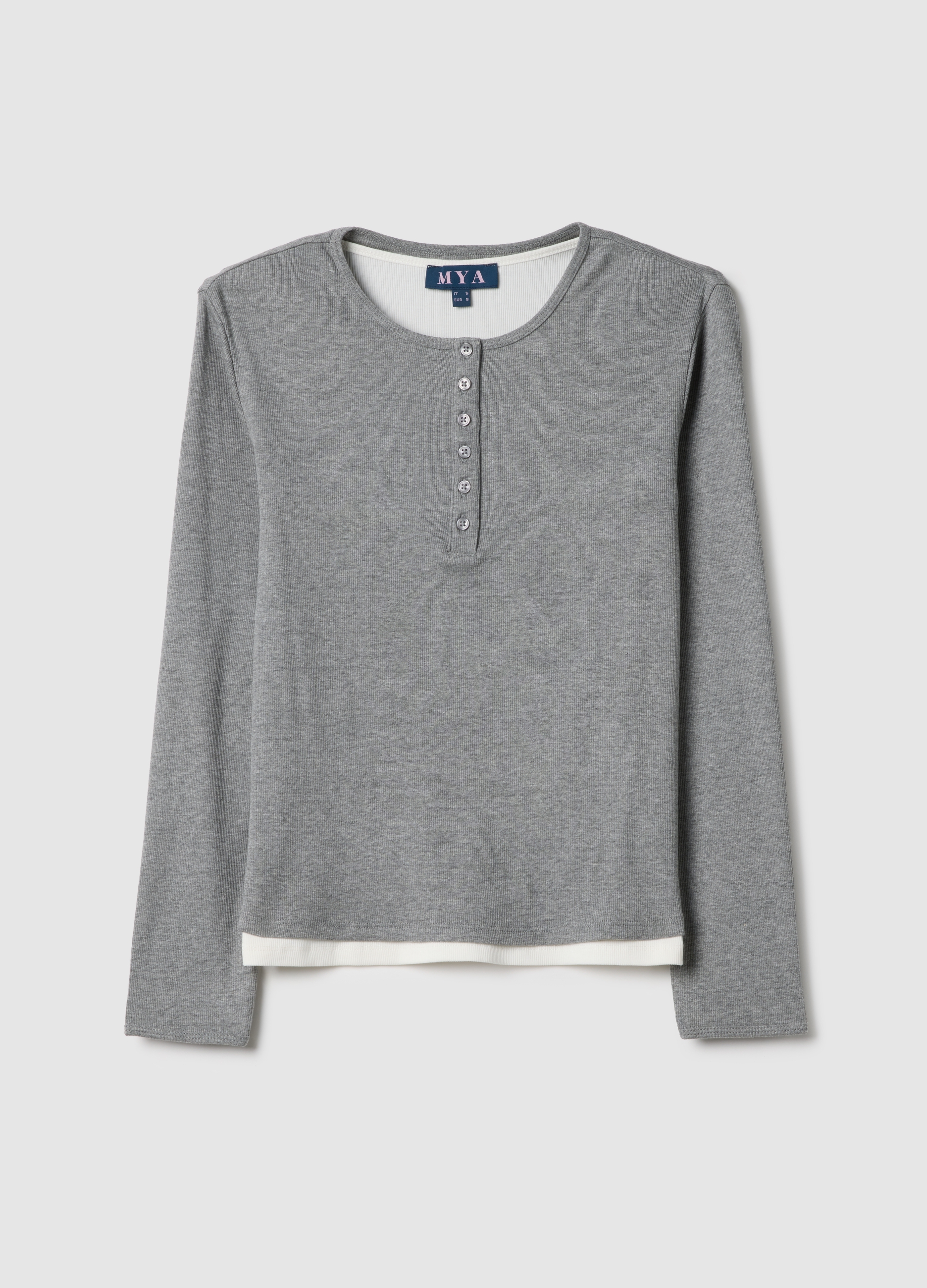 Jersey Multicolor De Algodón Puro Ajuste Regular Con Cuello Henley, Mujer, Blanco/gris, Talla: L