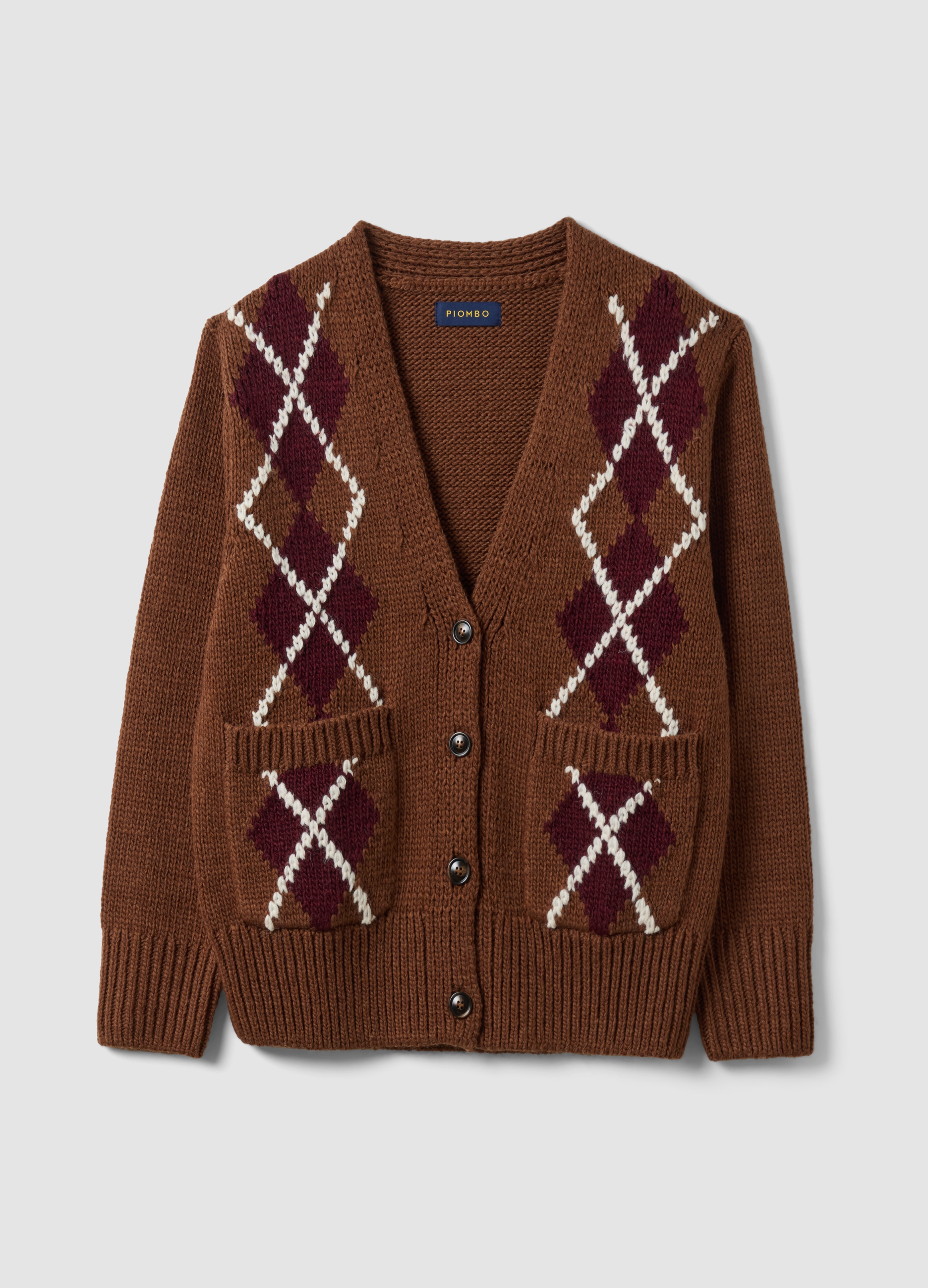 PIOMBO, Cardigan Marrone In Misto Lana Con Girocollo Argyle Over Fit, Donna, Marrone, Taglia: S