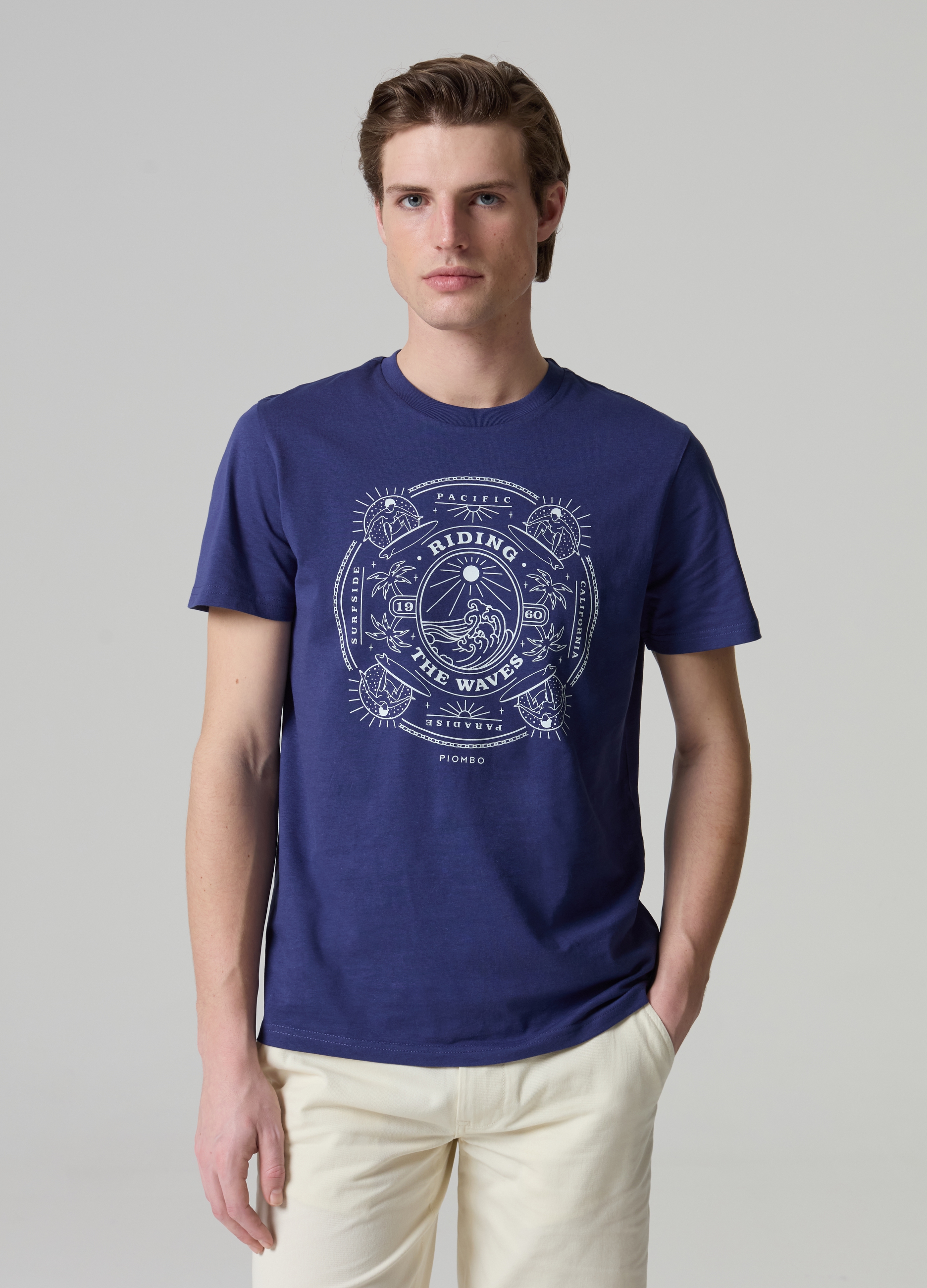 PIOMBO, T-shirt In Cotone Con Stampa Grafica, Uomo, Blu, Taglia: L