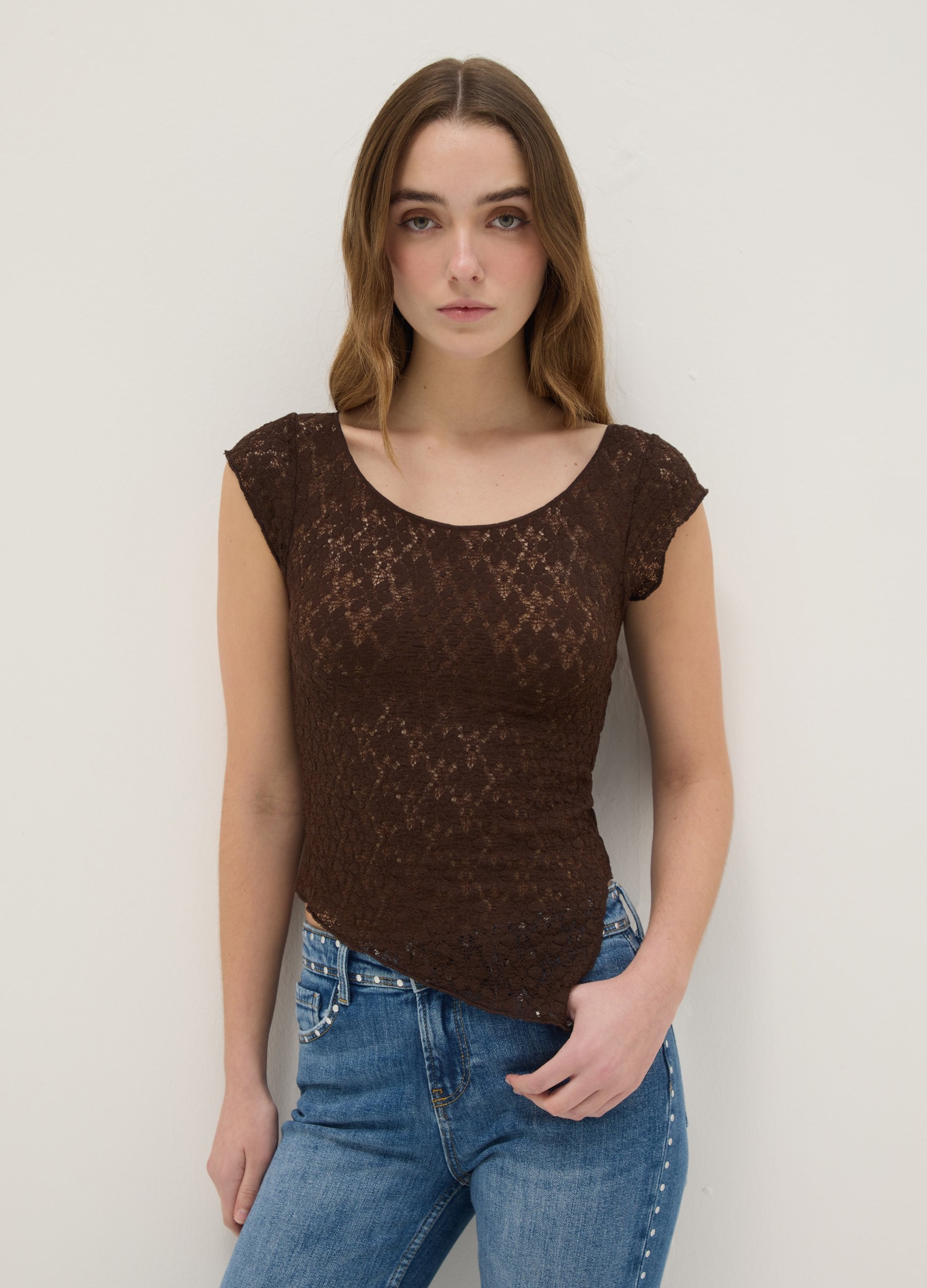 B.ANGEL, T-shirt In Misto Cotone Marrone Slim Fit Con Design Traforato, Donna, Marrone, Taglia: S