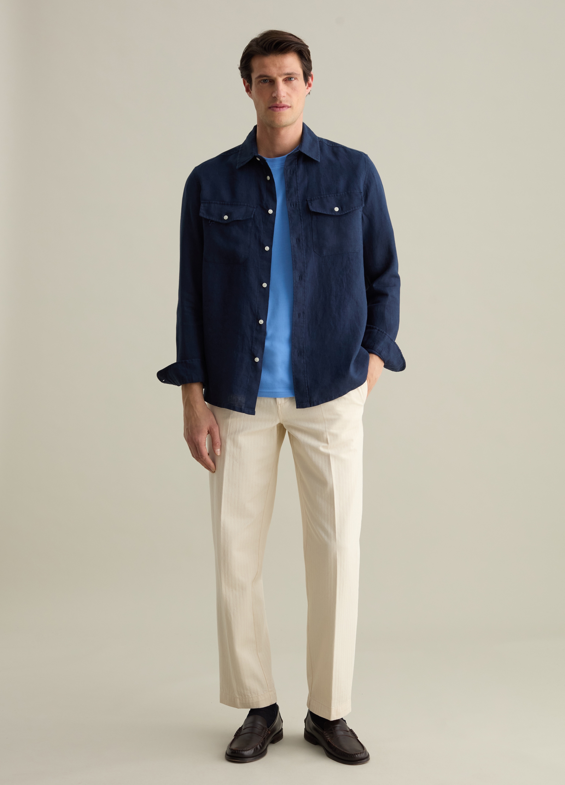 PIOMBO, Camicia Regular Fit In Lino, Uomo, Blu, Taglia: S