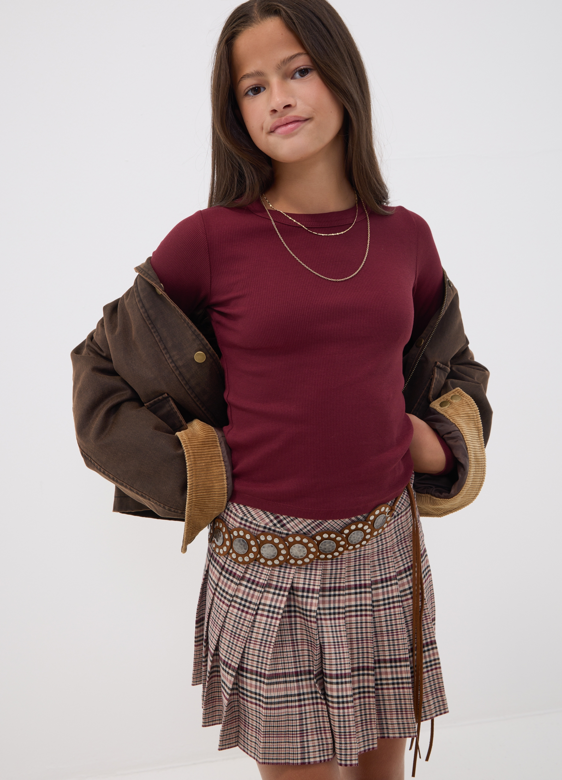 OVS KIDS, T-shirt Rossa In Cotone Organico Elasticizzato Con Collo A Costine, Bambina, Rosso, Taglia: 11-12