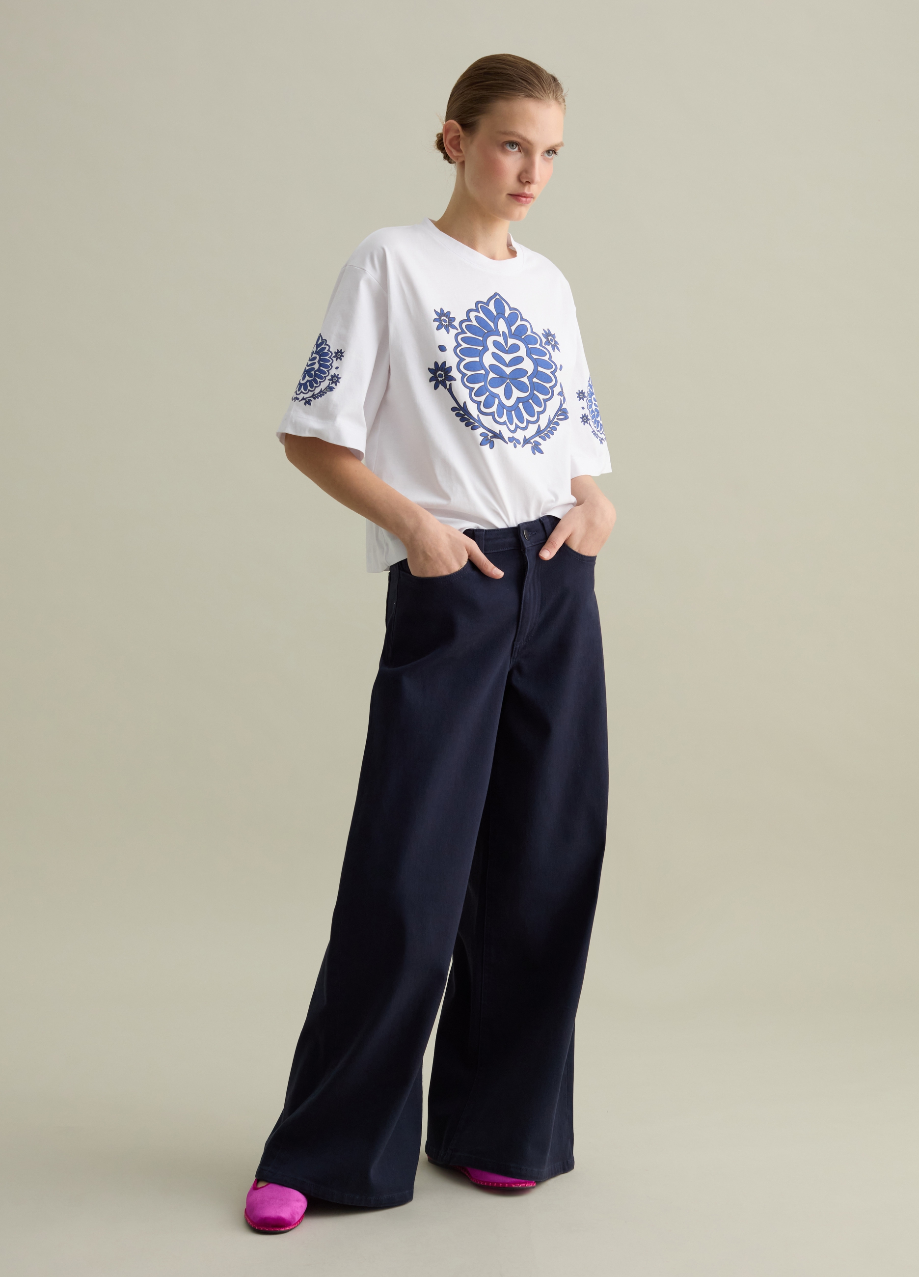 PIOMBO, T-shirt Stampa Disegno Etnico, Donna, Bianco, Taglia: XS