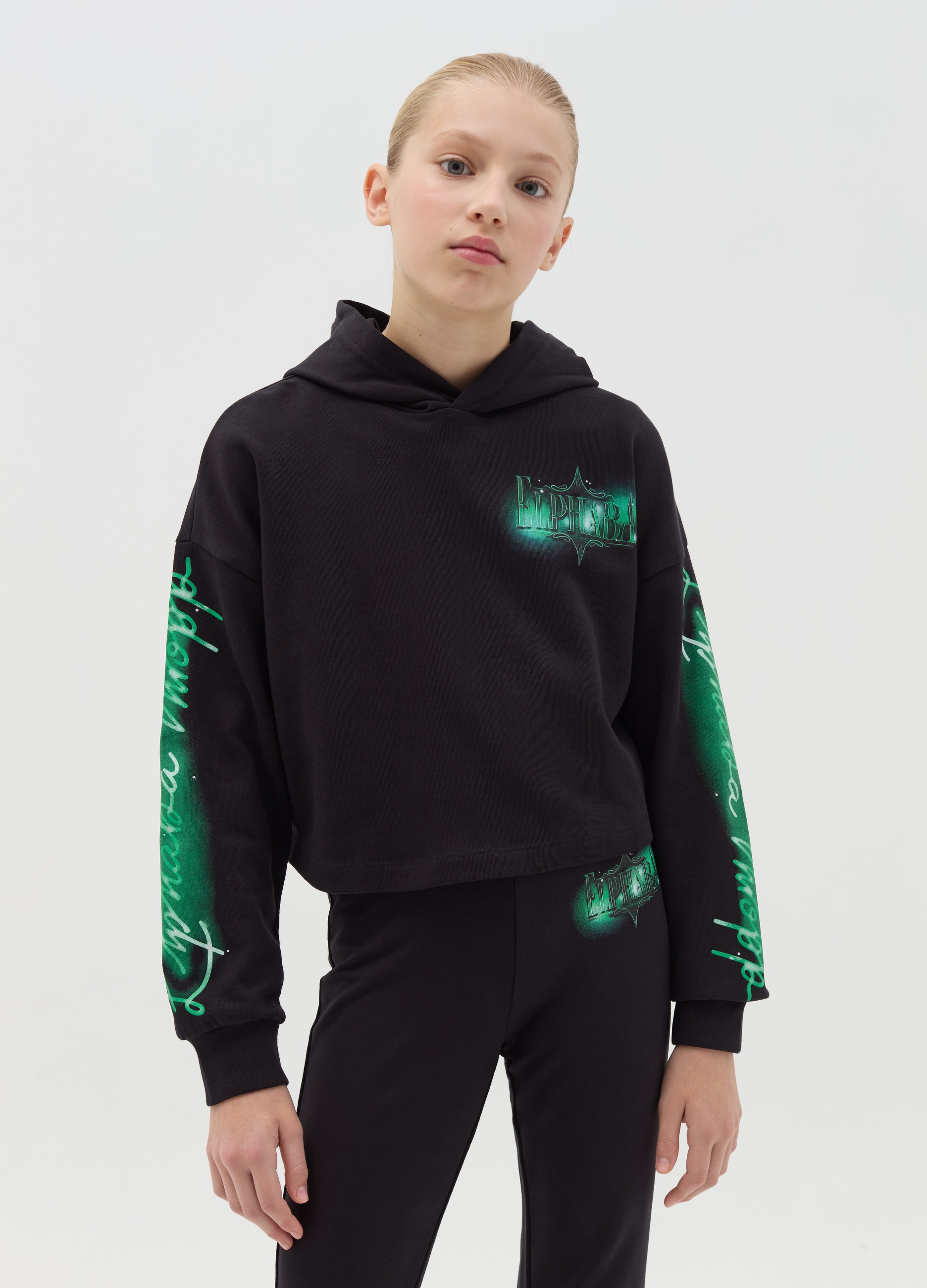 OVS, Felpa Boxy Fit Con Cappuccio Stampa Wicked, Bambina, Nero, Taglia: 10-11