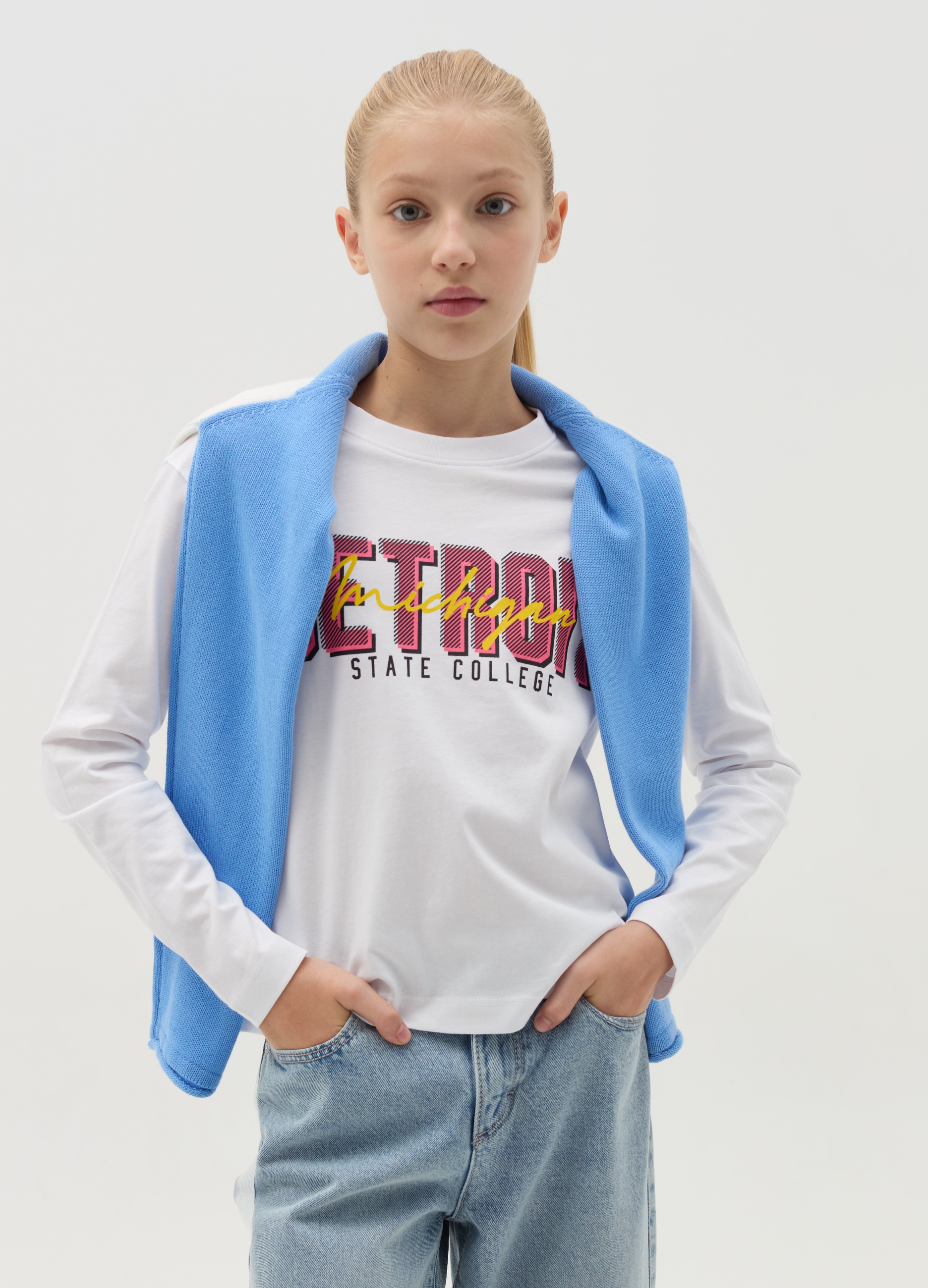 OVS KIDS, Camiseta De Manga Larga Y Con Estampado, Niña, Blanco óptico, Talla: 11-12