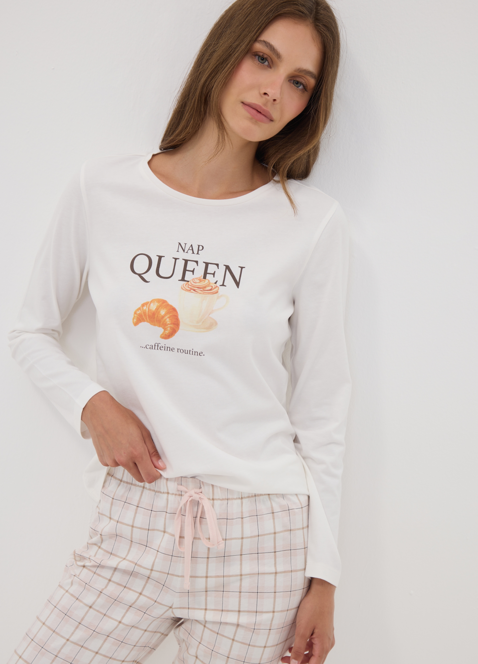 OVS, Pigiama Bianco In Puro Cotone Organico Con Stampa "nap Queen", Donna, Bianco, Taglia: L