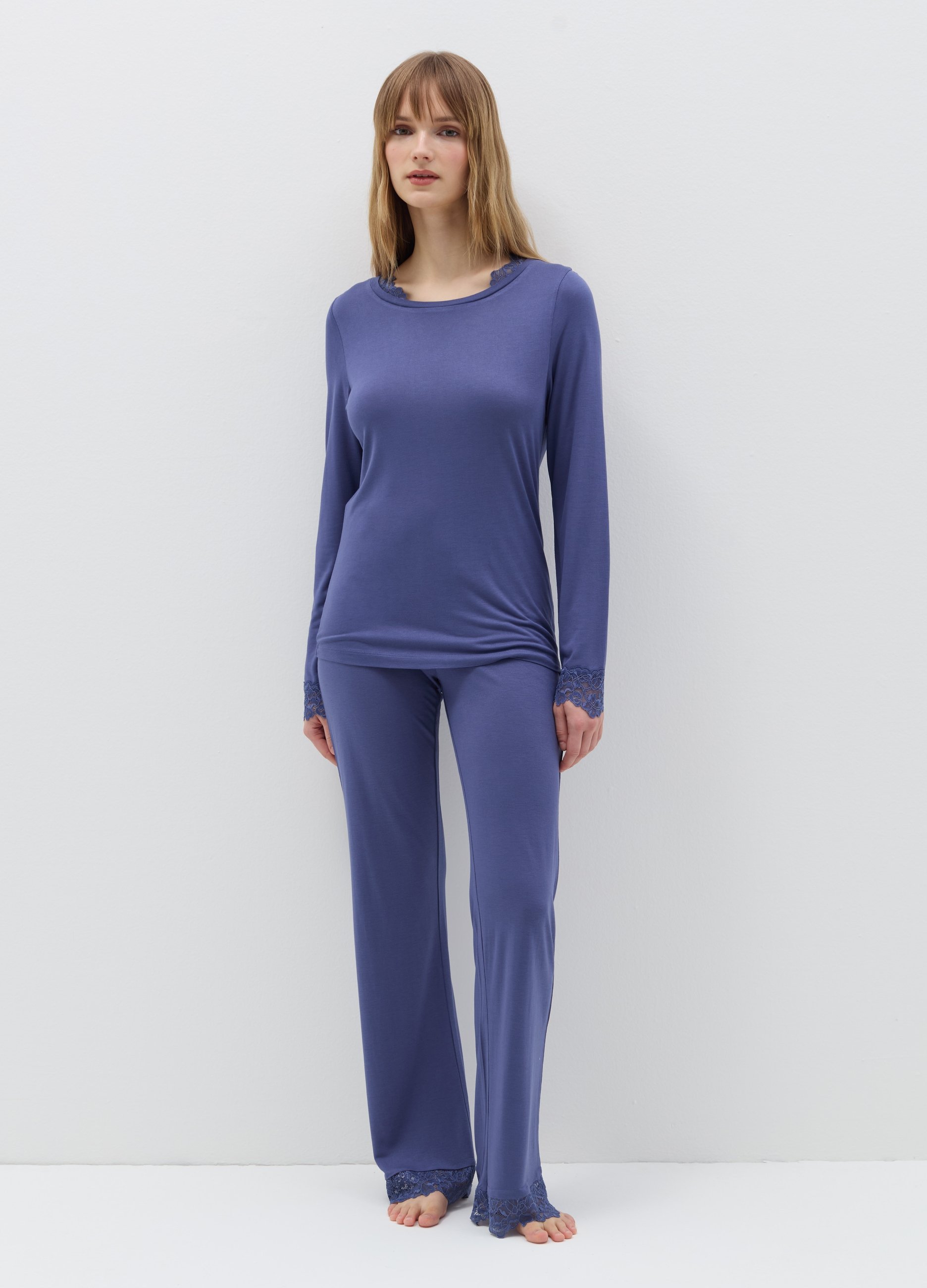 Pantalón Pijama Con Aplicación De Encaje, Mujer, Azul índigo, Talla: XL