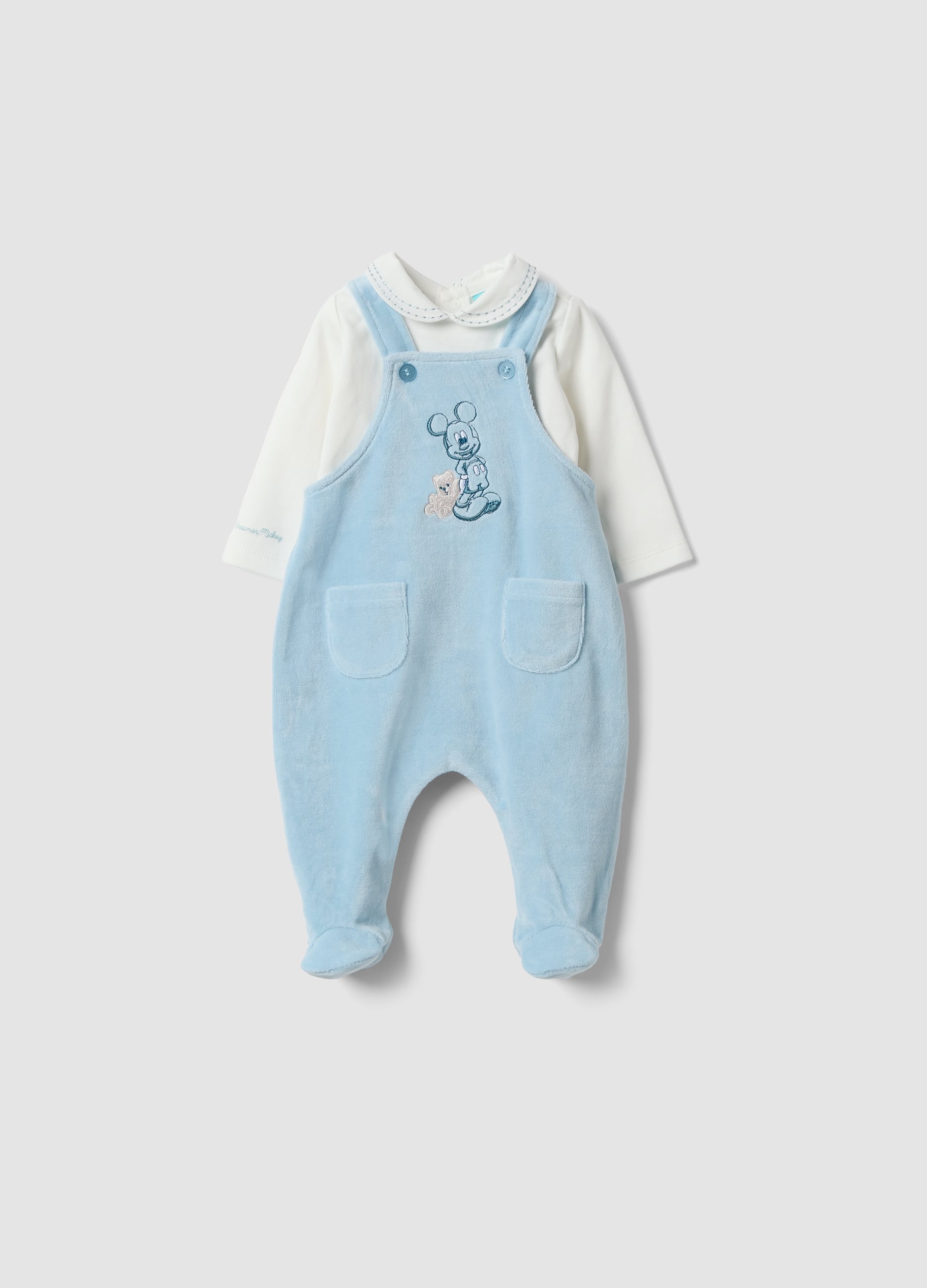 FAGOTTINO, Completo Azzurro E Bianco In Misto Cotone Organico Con Ricamo Mickey Per Neonato, Azzurro, Taglia: 1-3