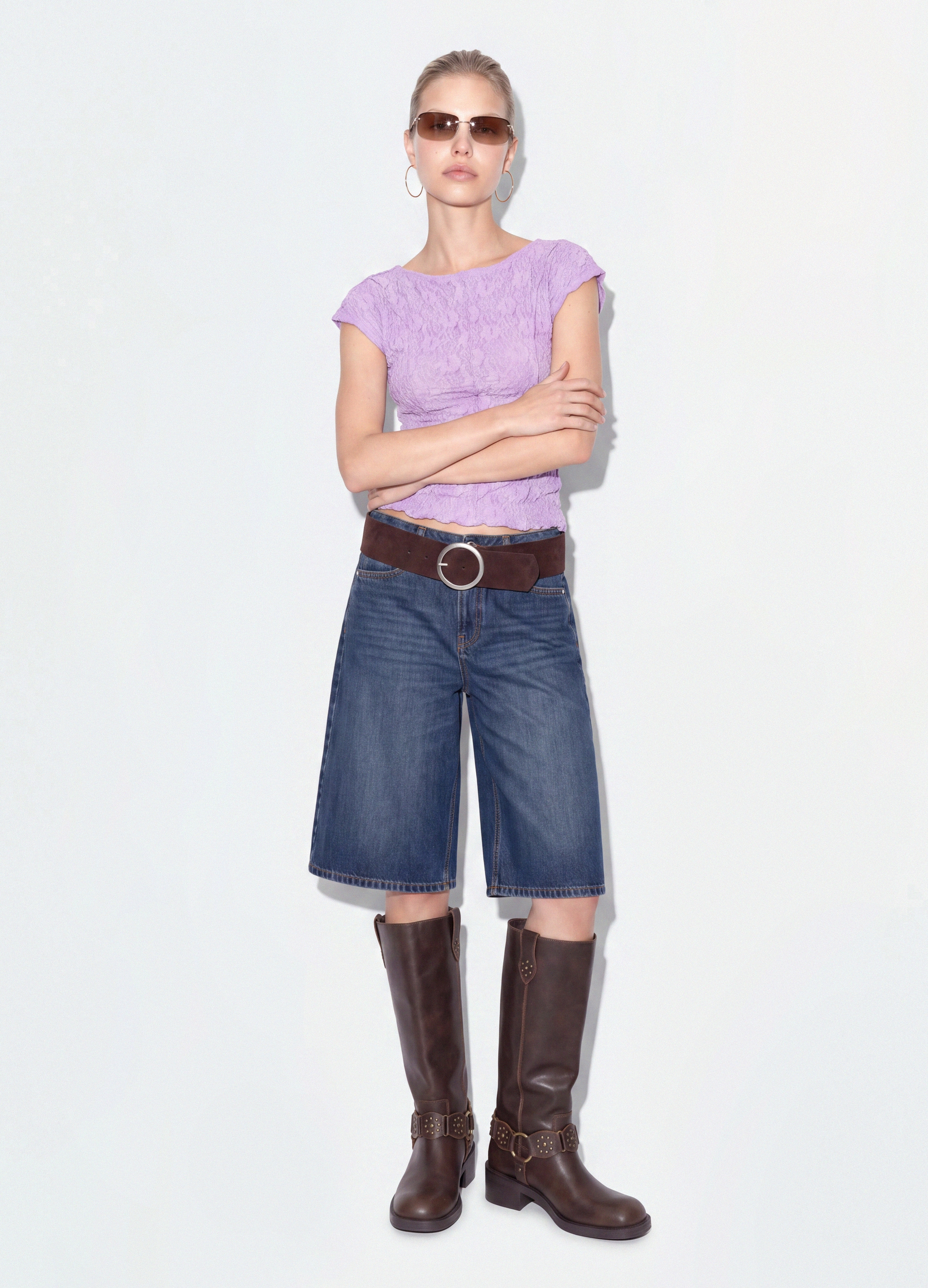 B.ANGEL, T-shirt Viola In Tessuto Elasticizzato Con Texture Floreale In Rilievo, Donna, Viola, Taglia: S