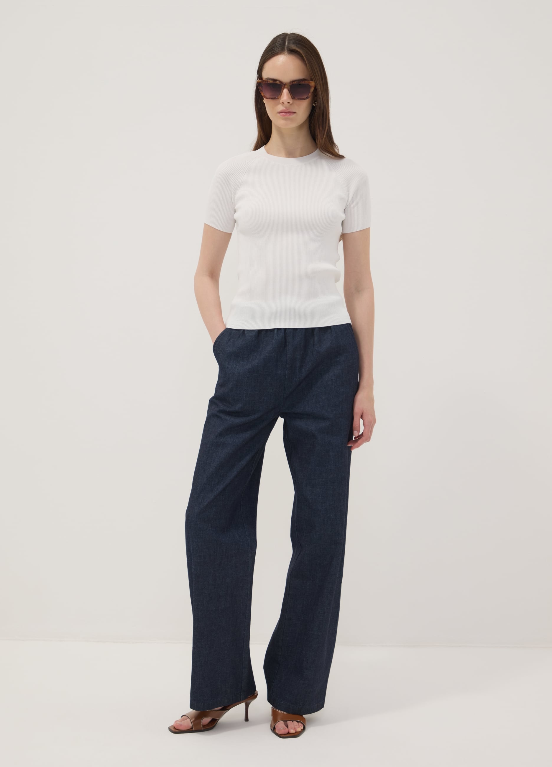REPUBLIC OF DENIM, Pantaloni Denim Blu In Puro Cotone Wide Leg Con Coulisse, Donna, Blu, Taglia: XS
