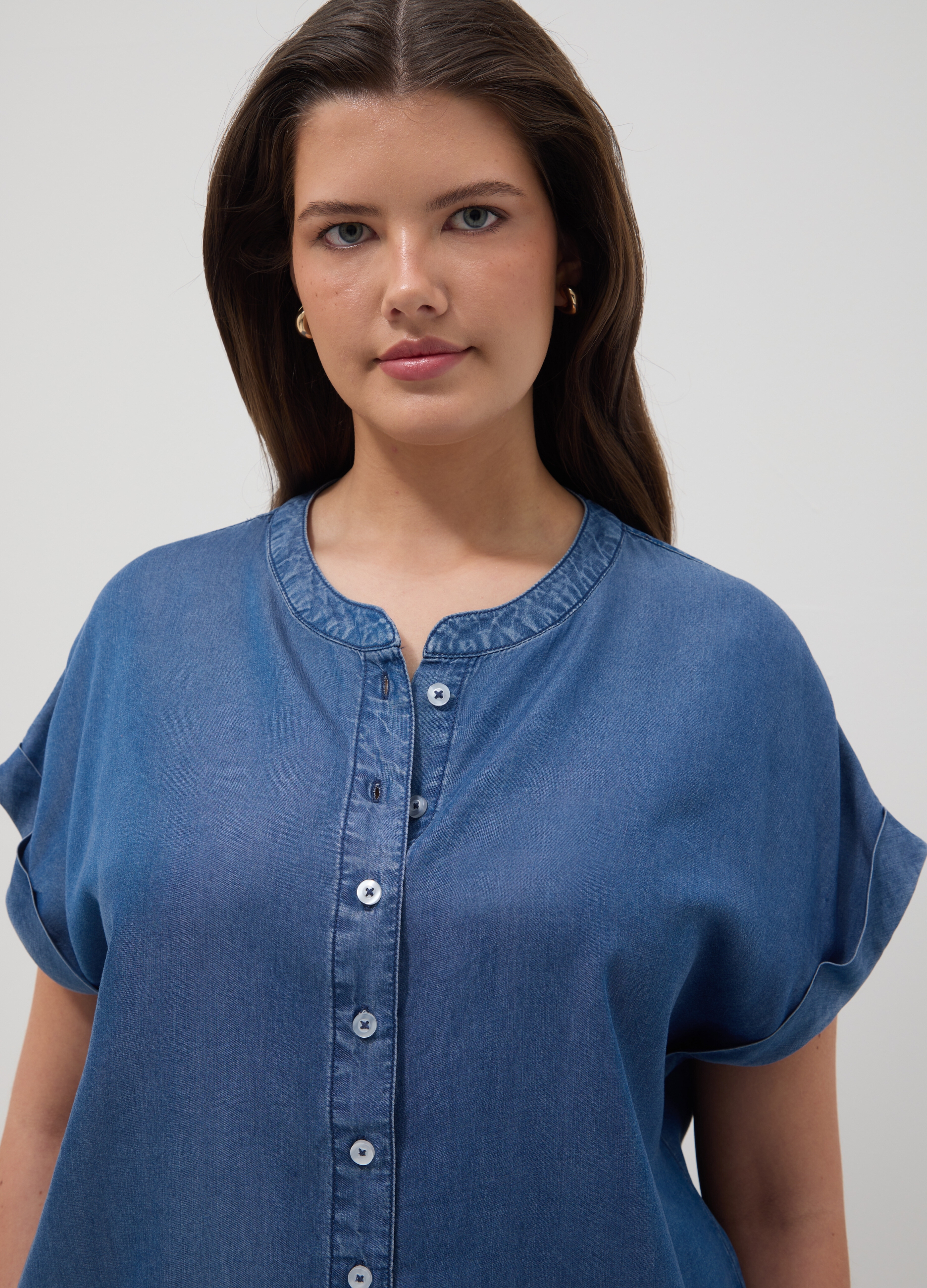 MYA, Camicetta In Puro Lyocell Blu Regular Fit Con Collo Alla Coreana, Donna, Blu, Taglia: S