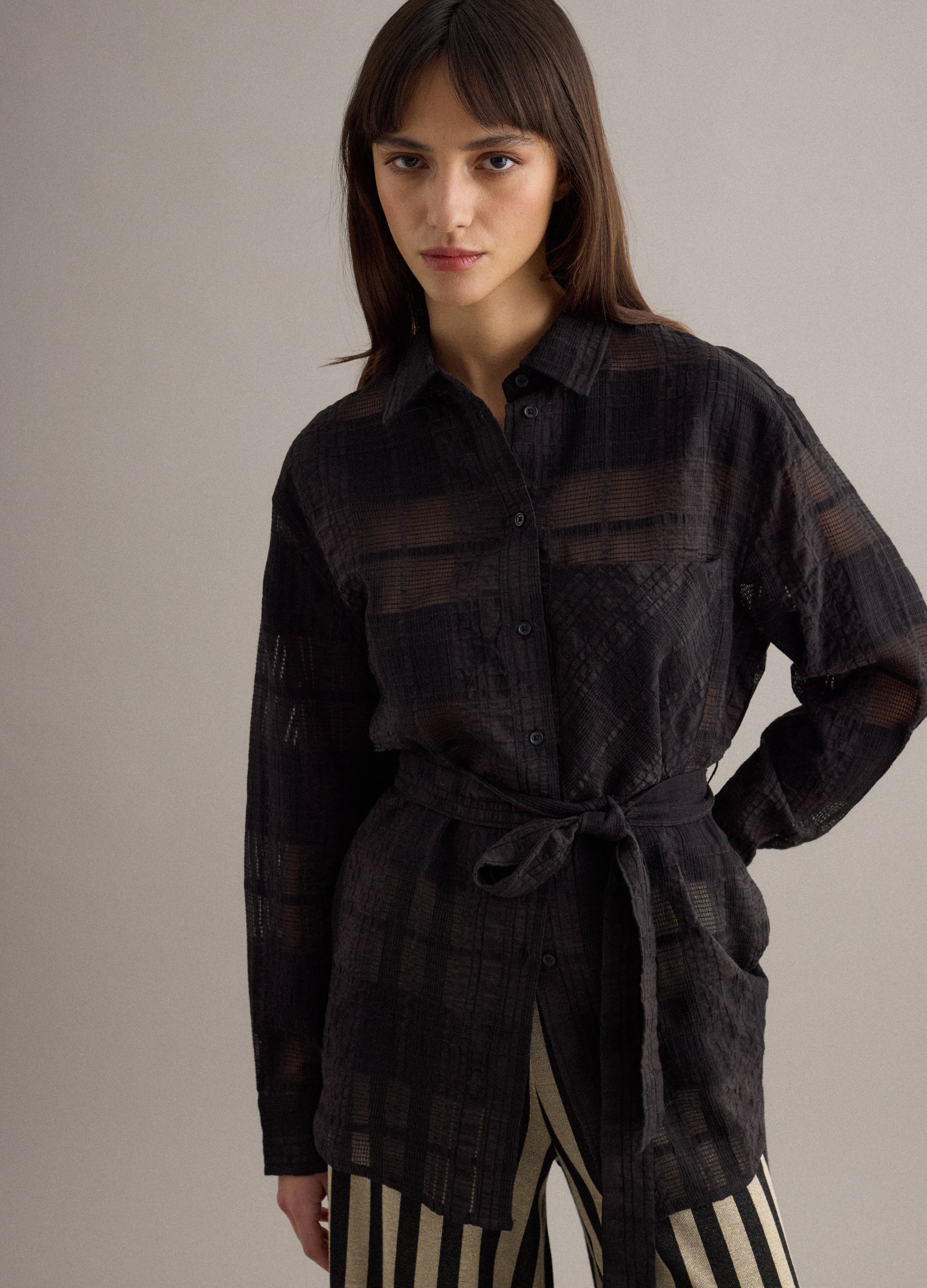 PIOMBO, Camisa Semitransparente Negra De Mezcla De Viscosa Con Ajuste Oversize A Cuadros, Mujer, Gunmetal, Talla: 34