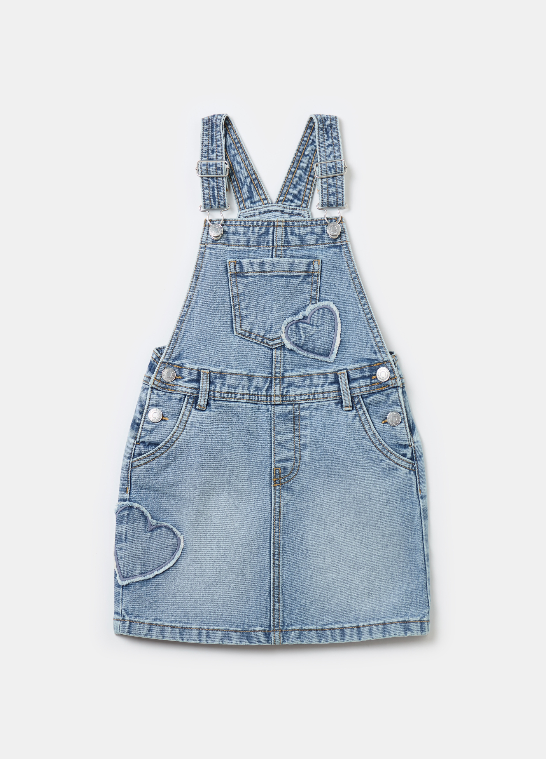 OVS KIDS, Gonna Salopette In Denim Con Ricami A Cuore, Bambina, Denim, Taglia: 4-5