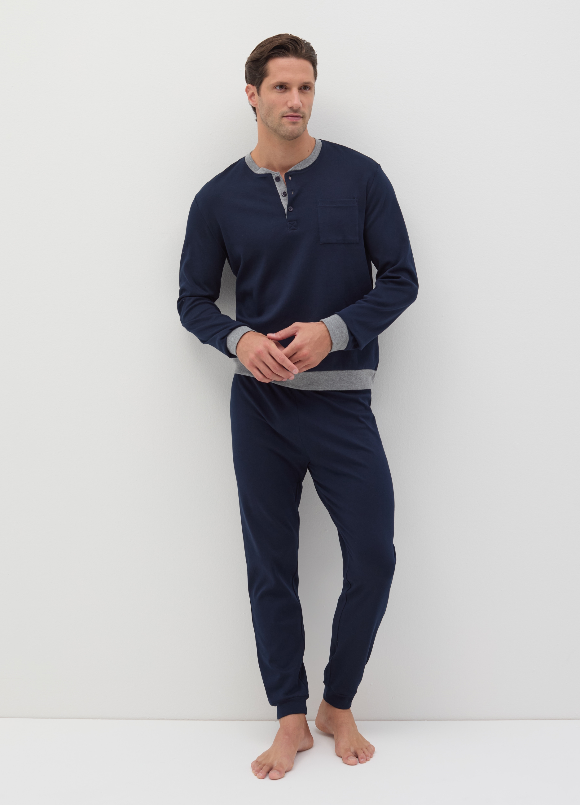 Pijama Largo Parte De Arriba Con Cuello Panadero, Hombre, Azul marino, Talla: L