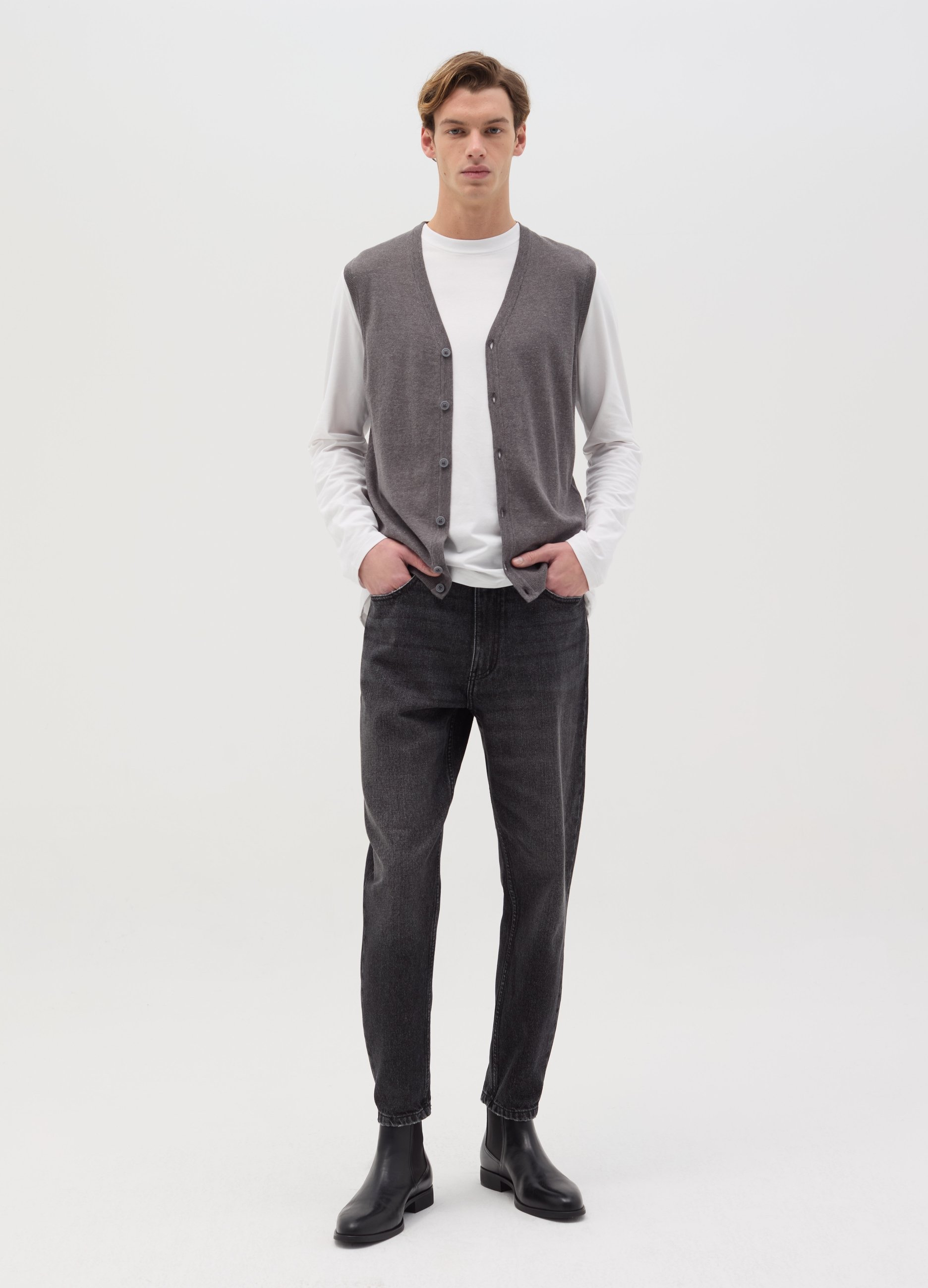 Chaleco Con Cuello De Pico Y Botones, Hombre, Gris ahumado, Talla: S