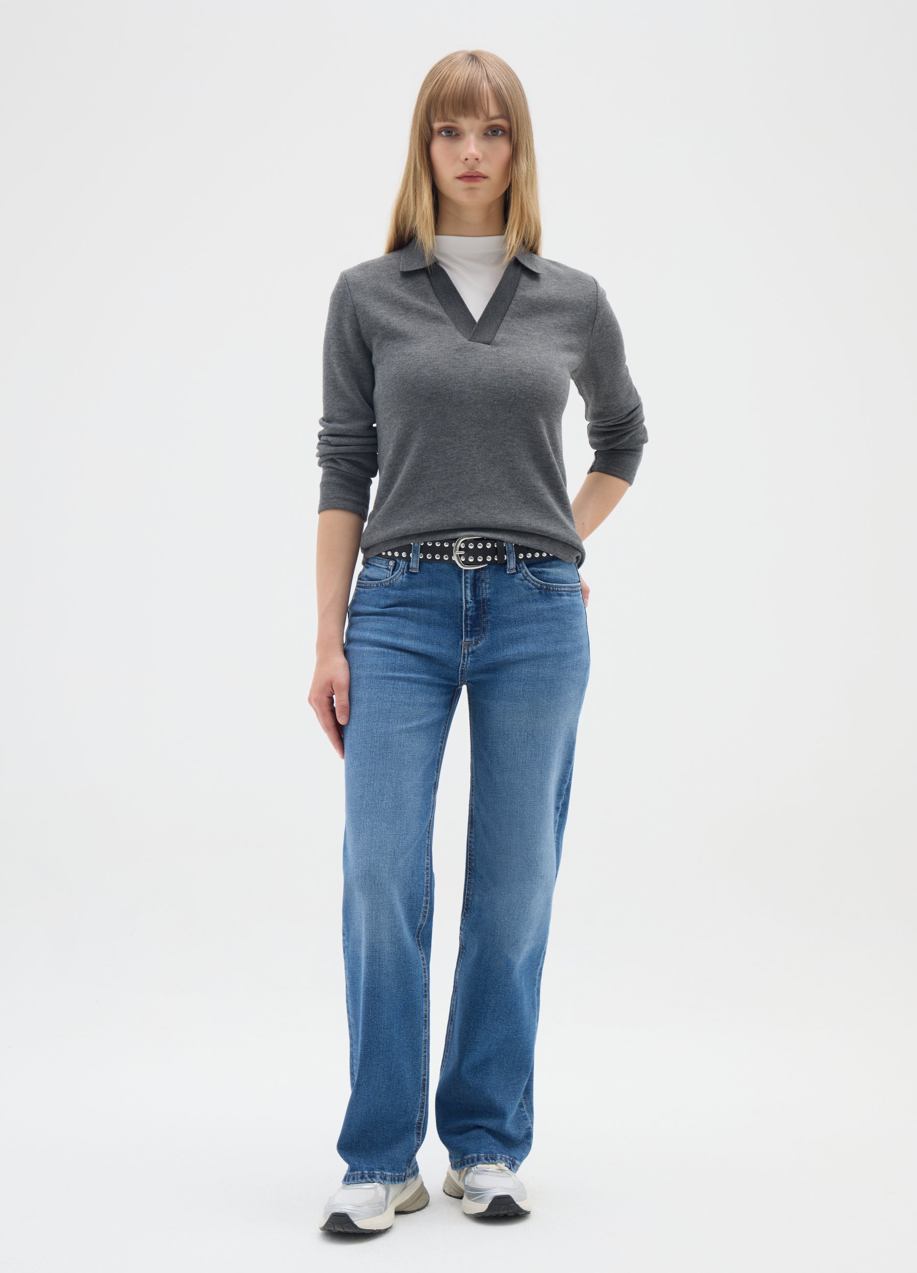 Polo Gris De Manga Larga, Mujer, Gris, Talla: 42