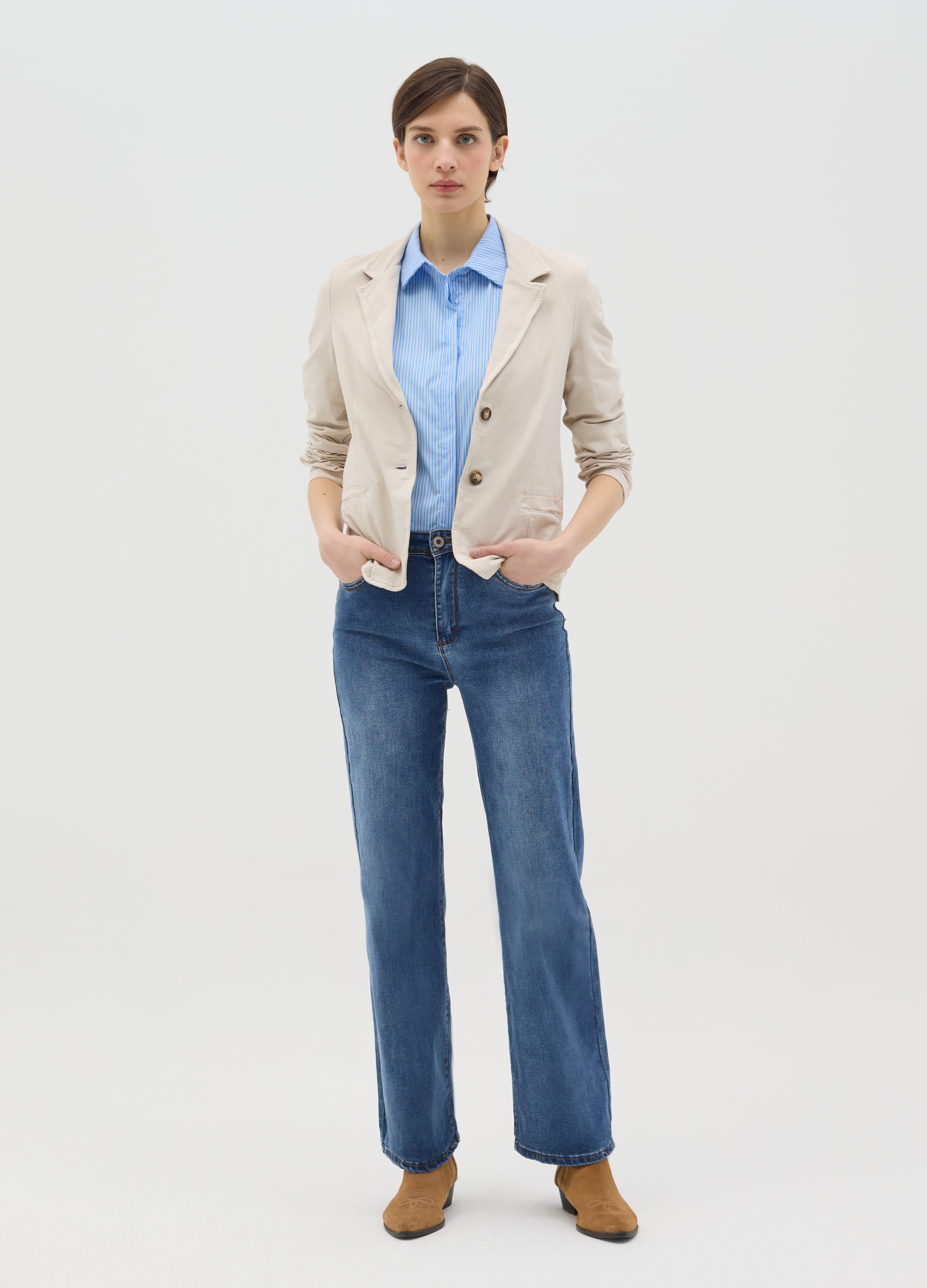 HYBRID, Blazer Monopetto In Cotone Stretch, Donna, Beige, Taglia: S