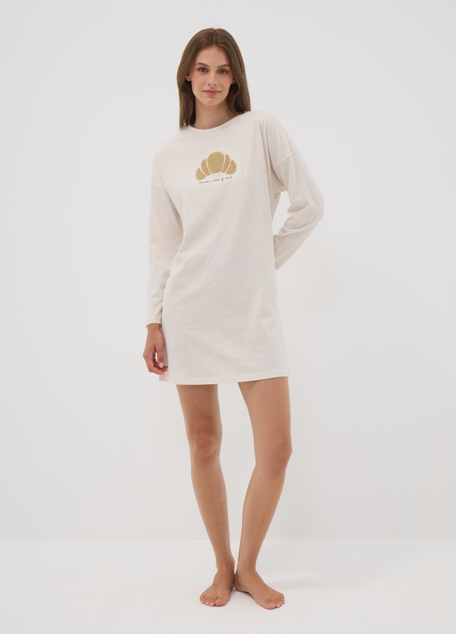 OVS, Camicia Da Notte Beige In Puro Cotone Organico Con Stampa Cornetto, Donna, Beige, Taglia: S