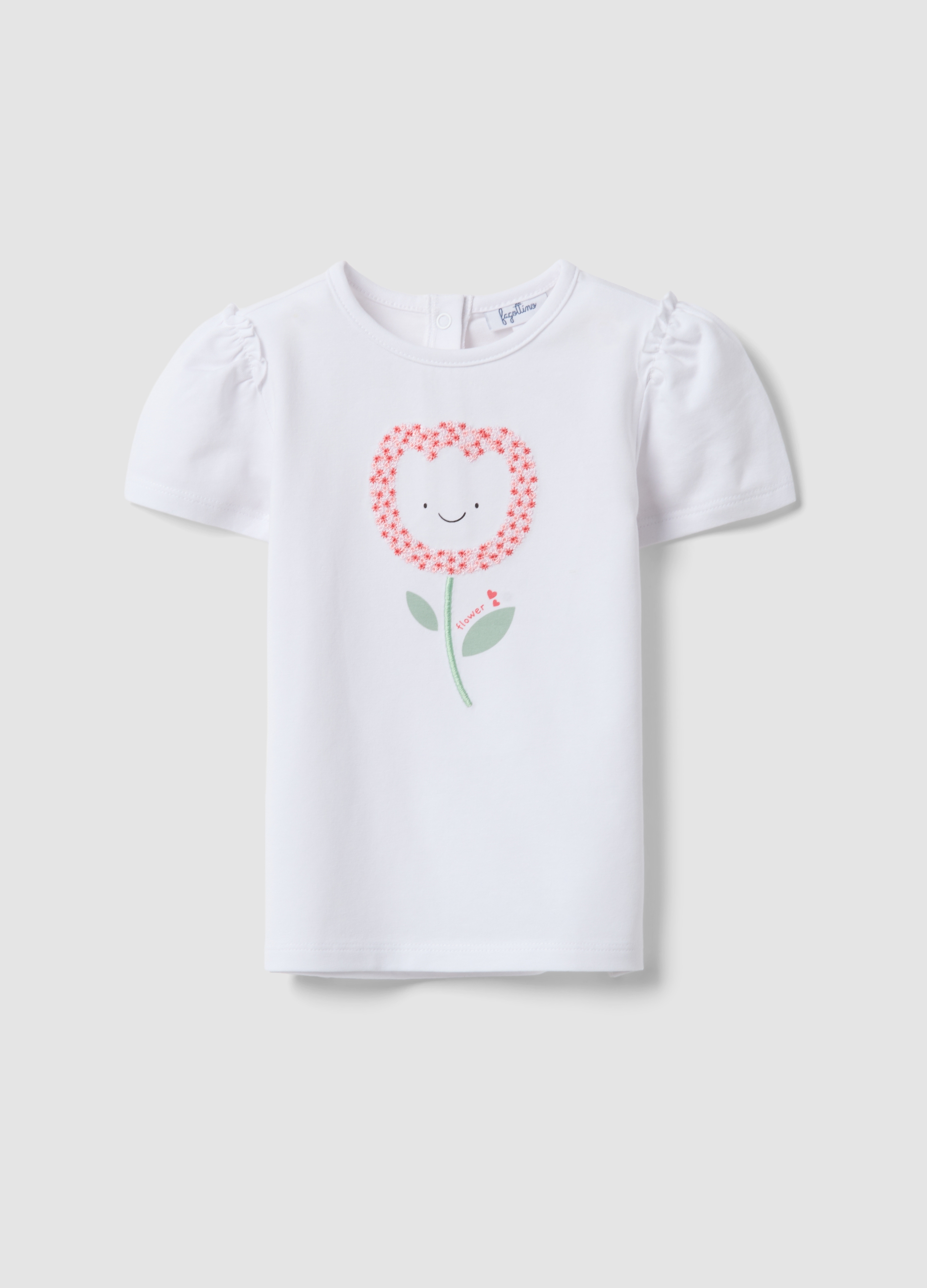 FAGOTTINO, Camiseta Blanca De Algodón Elástico Para Niña Ajuste Regular Con Bordado De Flor, Niña, Blanco óptico, Talla: 30-36