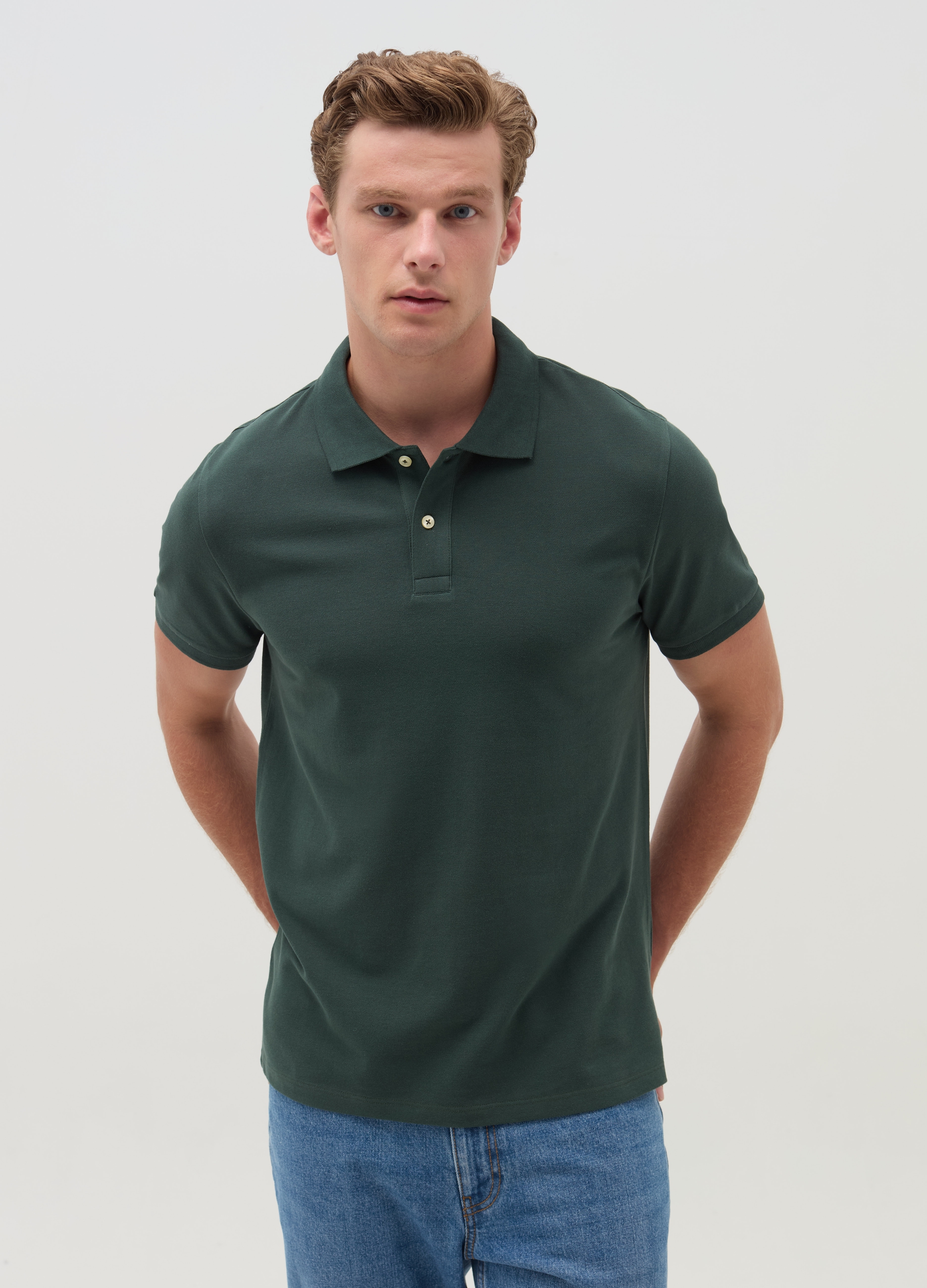 Polo De Piqué De Algodón, Hombre, Verde oscuro, Talla: XXL
