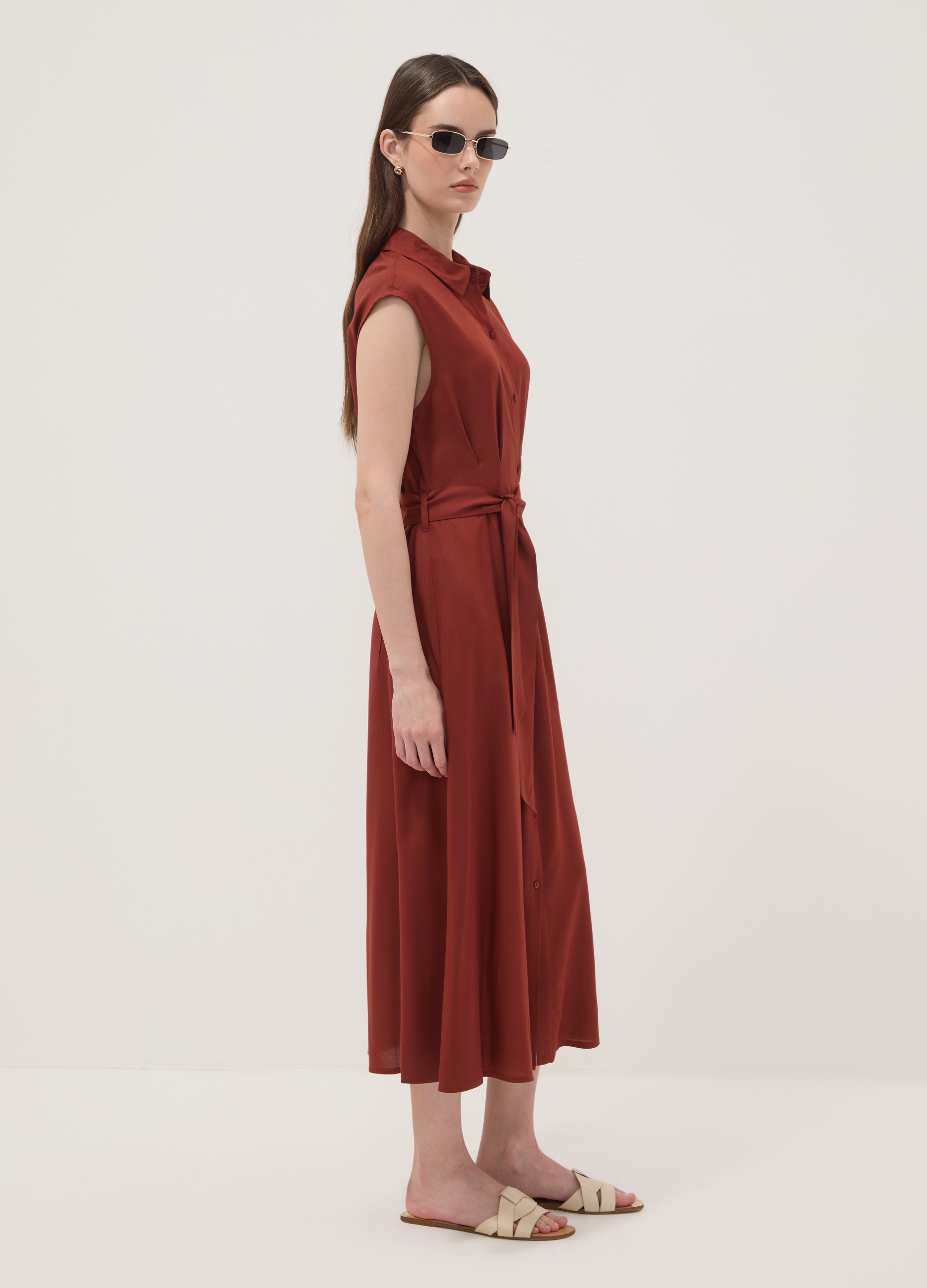 OVS, Vestido Midi Rojo De Viscosa Pura Con Cinturón Anudable, Corte Regular, Mujer, Rojo Ladrillo, Talla: 42